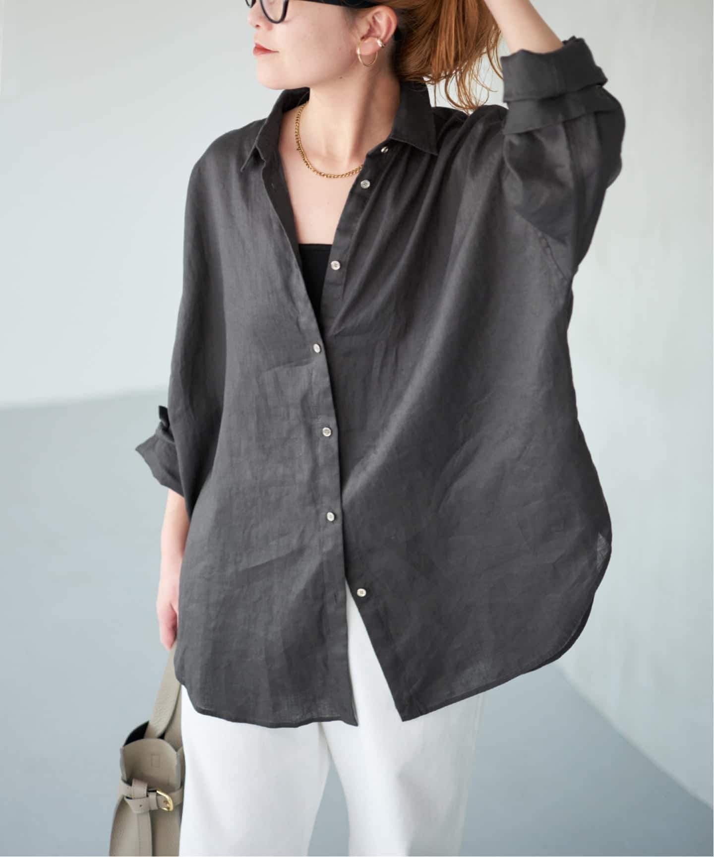 ゆったりサイズ》追加予約 80リネンカシュクール ビッグシャツ（シャツ