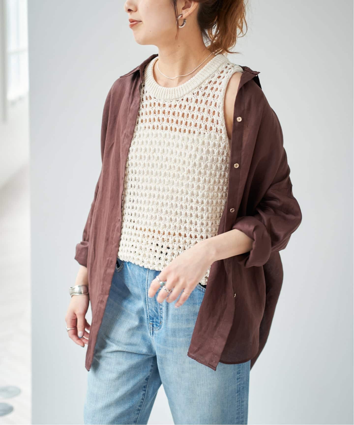 新品　スピックアンドスパン 80リネンカシュクールビッグシャツ　ブラウン 新色有り / 追加》 80リネンカシュクール ビッグシャツ（シャツ