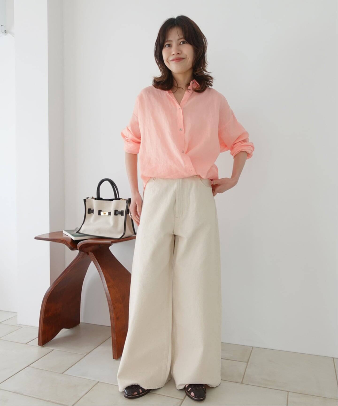程よくすっきりサイズ》 80リネンカシュクール ミディシャツ（シャツ