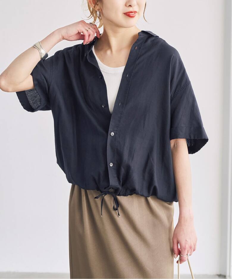 リネンブレンドハーフスリーブヘムギャザーシャツ（シャツ／ブラウス 