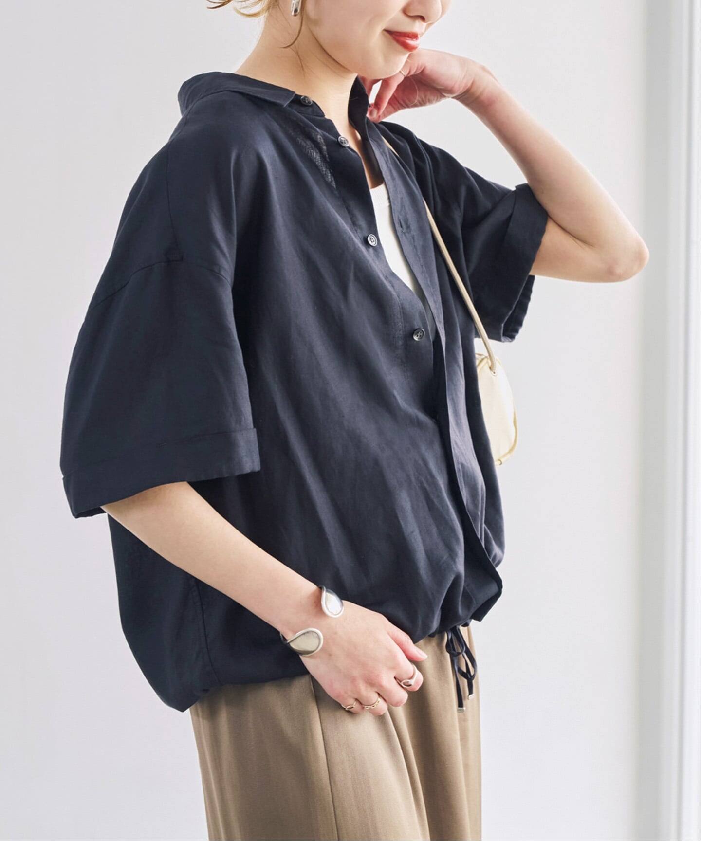 リネンブレンドハーフスリーブヘムギャザーシャツ（シャツ／ブラウス 