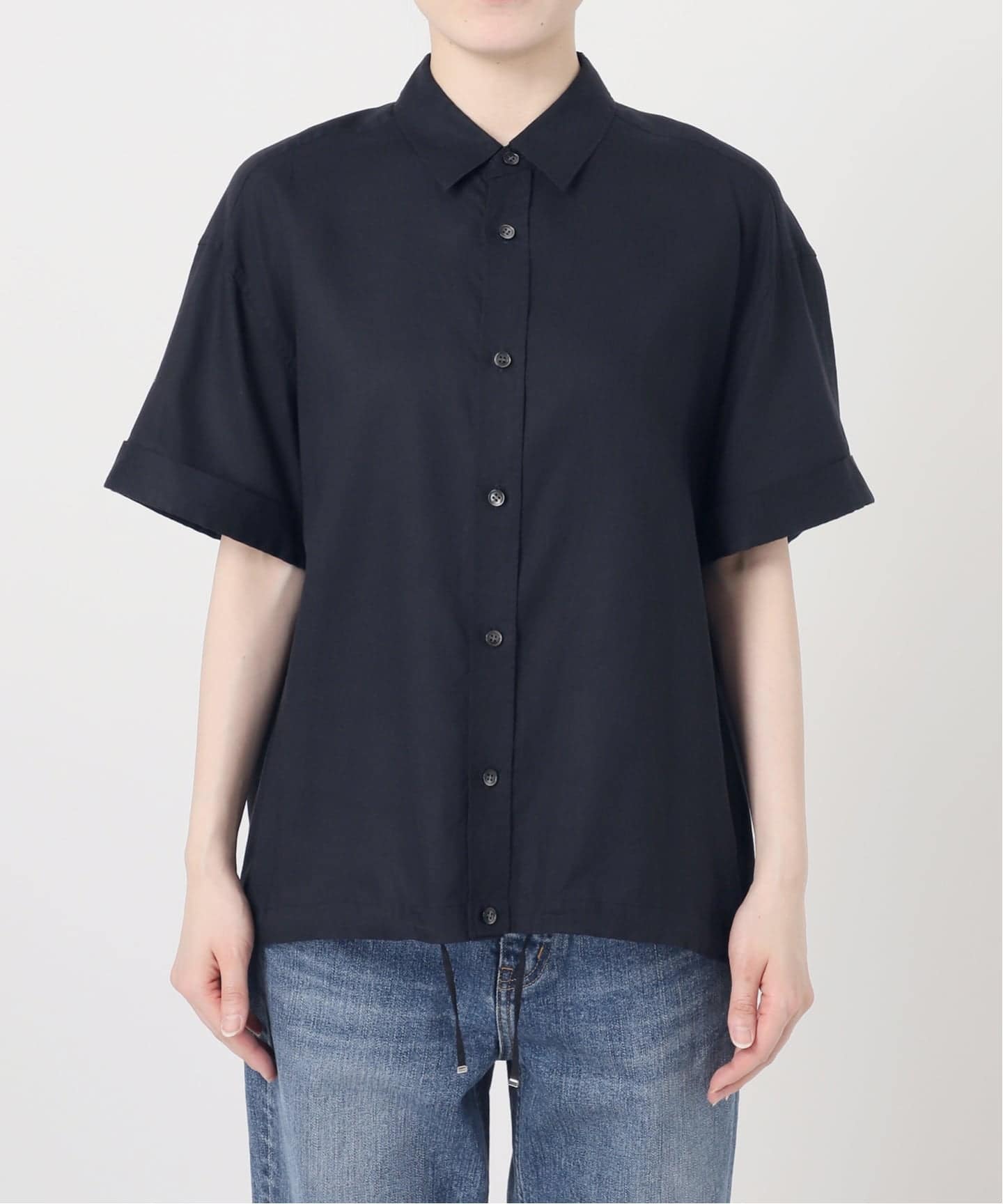 リネンブレンドハーフスリーブヘムギャザーシャツ（シャツ／ブラウス