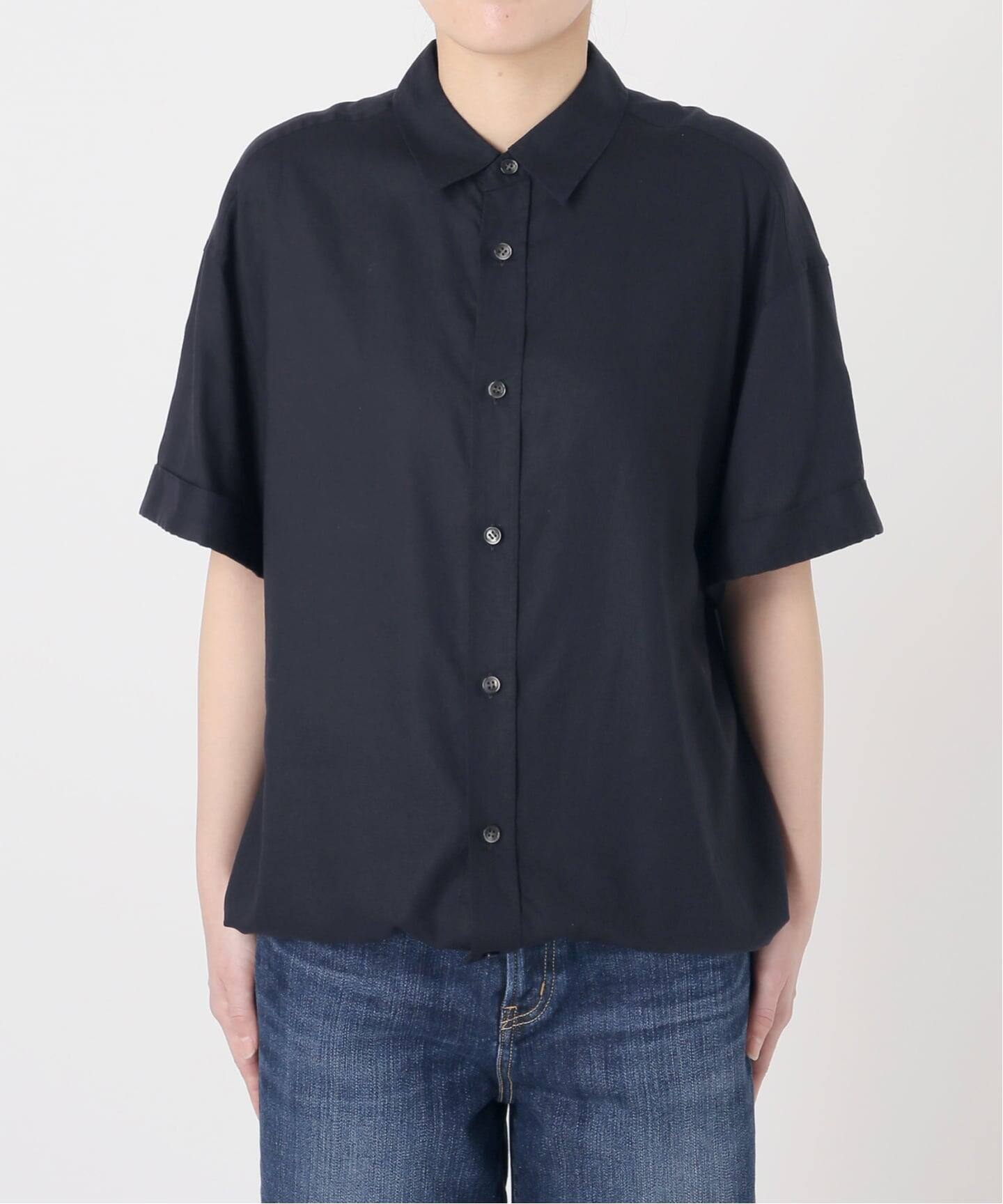 リネンブレンドハーフスリーブヘムギャザーシャツ（シャツ／ブラウス 