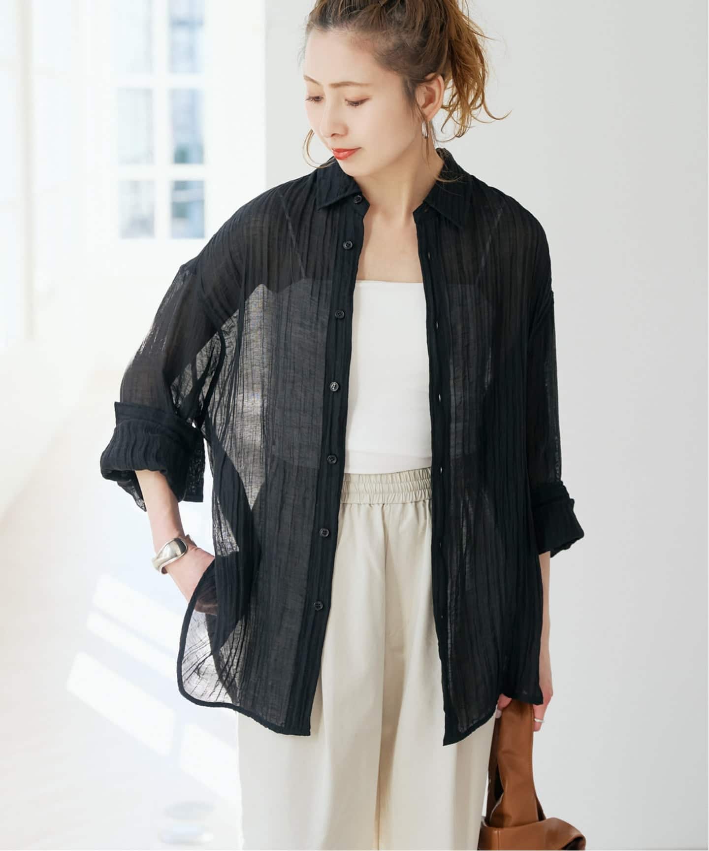 Spick & Span クレープルーズシャツ ブラック クレープルーズシャツ（シャツ／ブラウス）｜Spick & Span（スピック