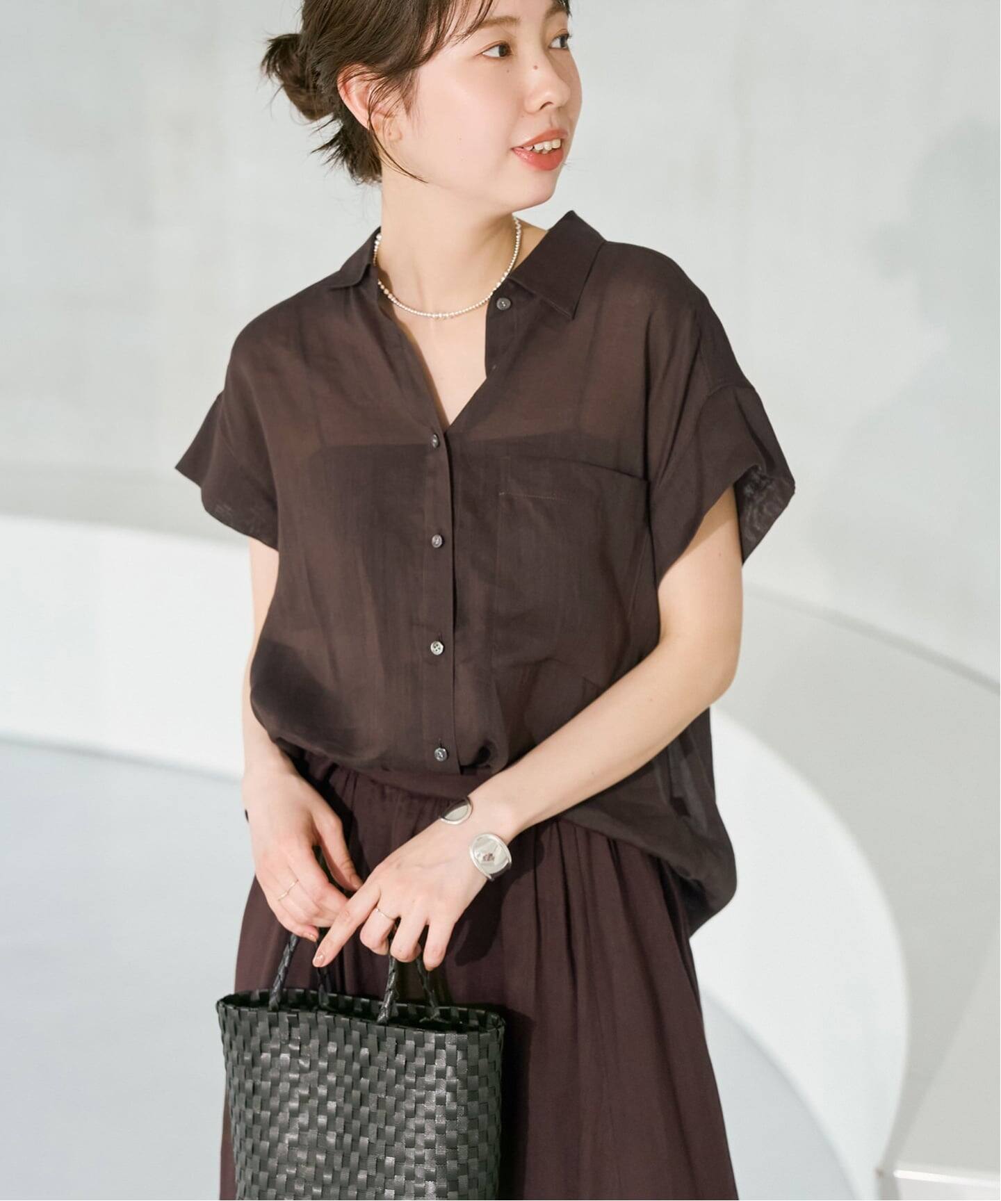 Spick & Spanラミーブレンドフレンチスリーブシャツ　ブラウン セットアップ可》ラミーブレンドフレンチスリーブシャツ（シャツ