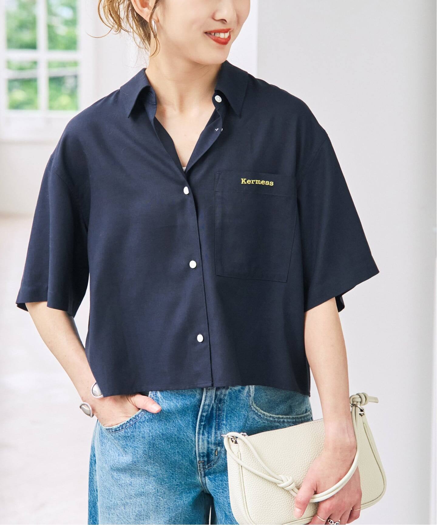 リネンブレンドロゴ刺繍ショートシャツ（シャツ／ブラウス）｜Spick 