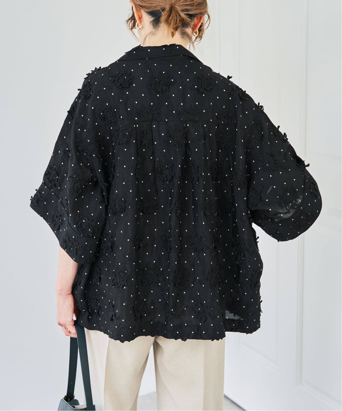 crinkle crinkle crinkle dot 3D embroidery open collar shirt 