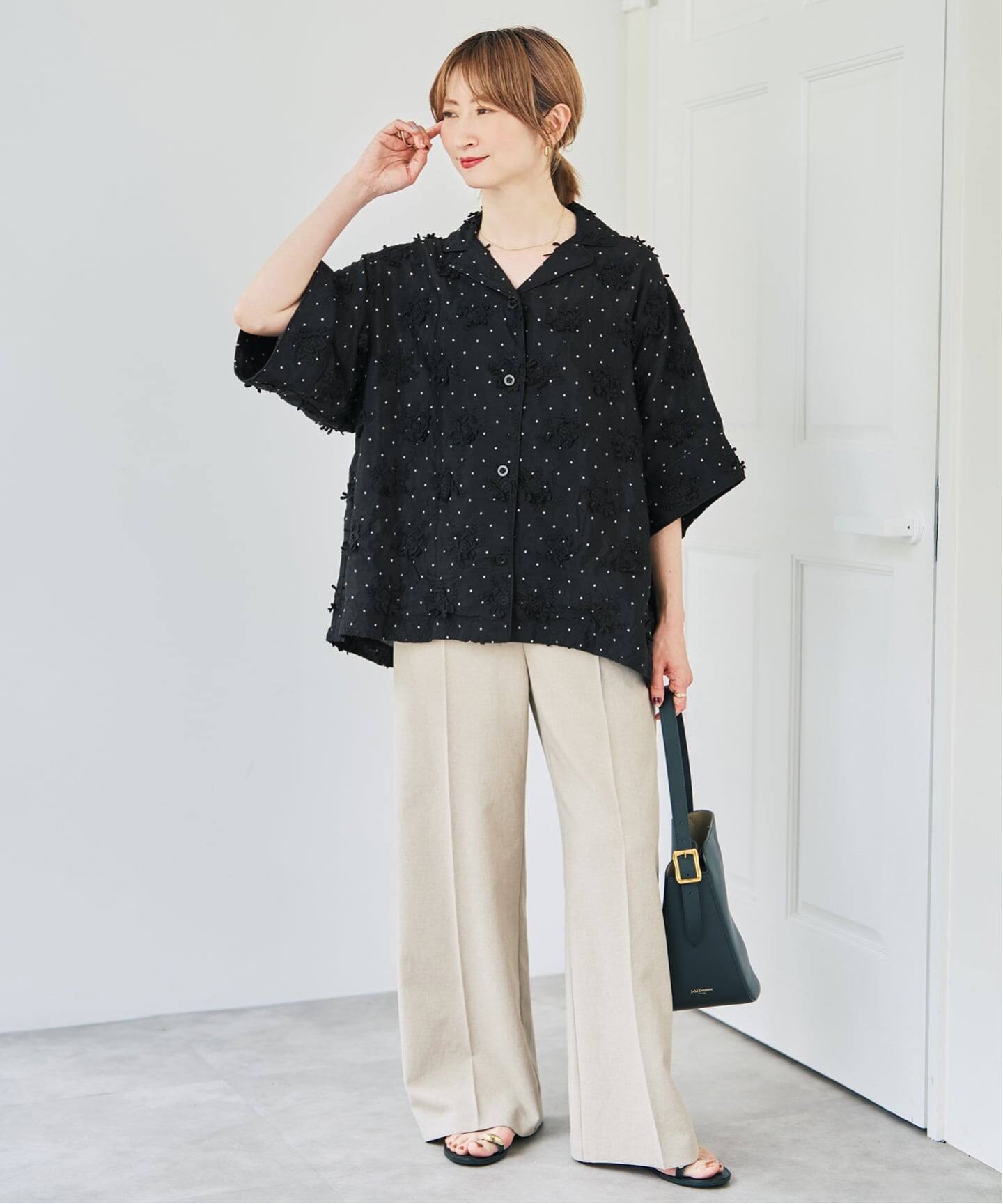 crinkle crinkle crinkle dot 3D embroidery open collar shirt 