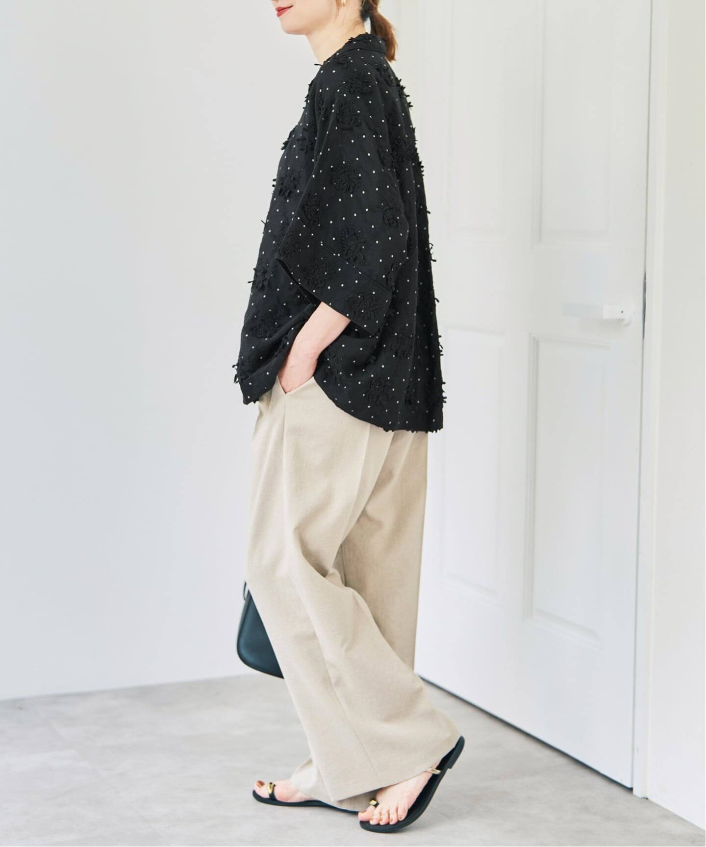 crinkle crinkle crinkle dot 3D embroidery open collar shirt 