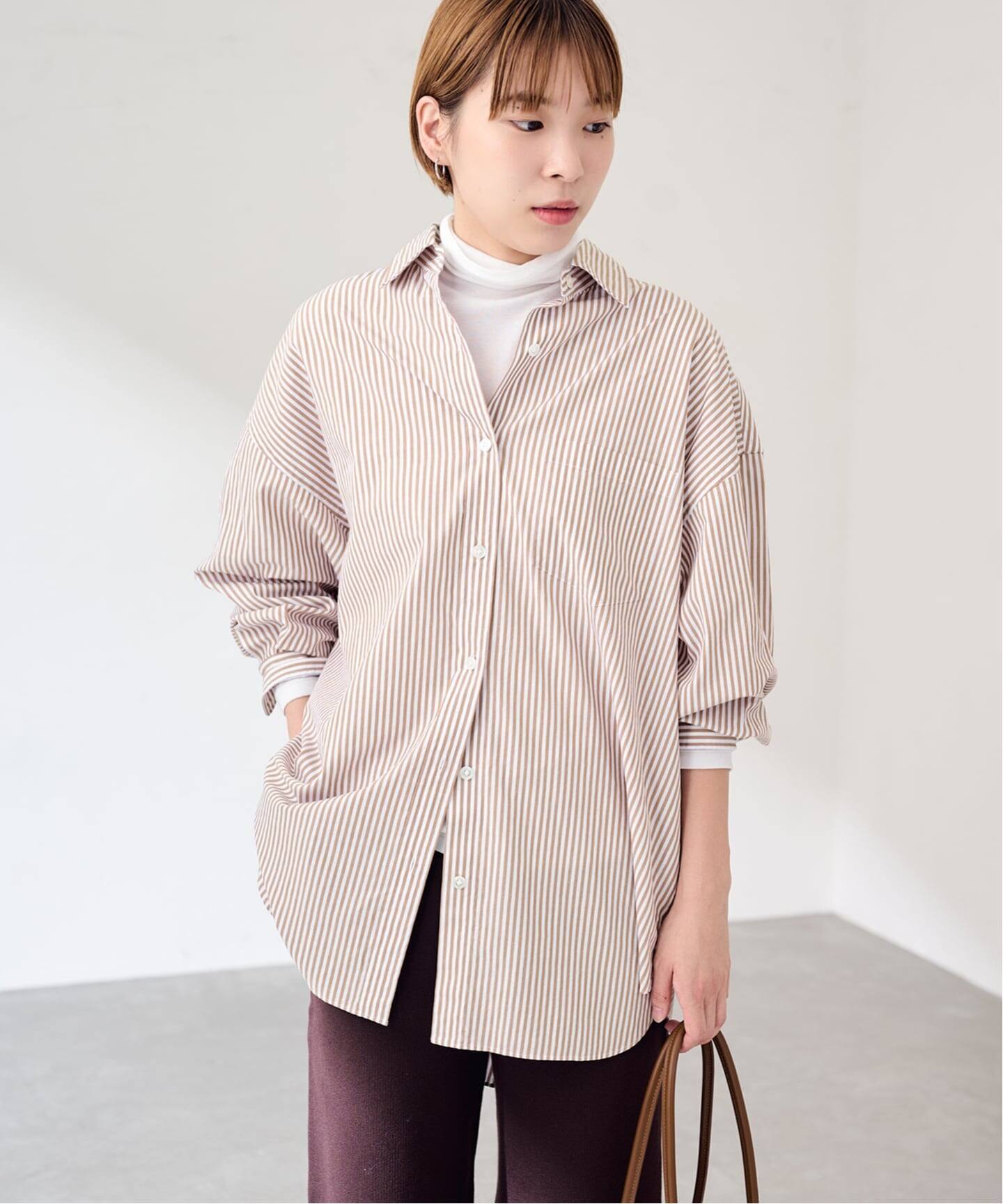 カラーストライプルーズスリーブロングシャツ（シャツ／ブラウス 