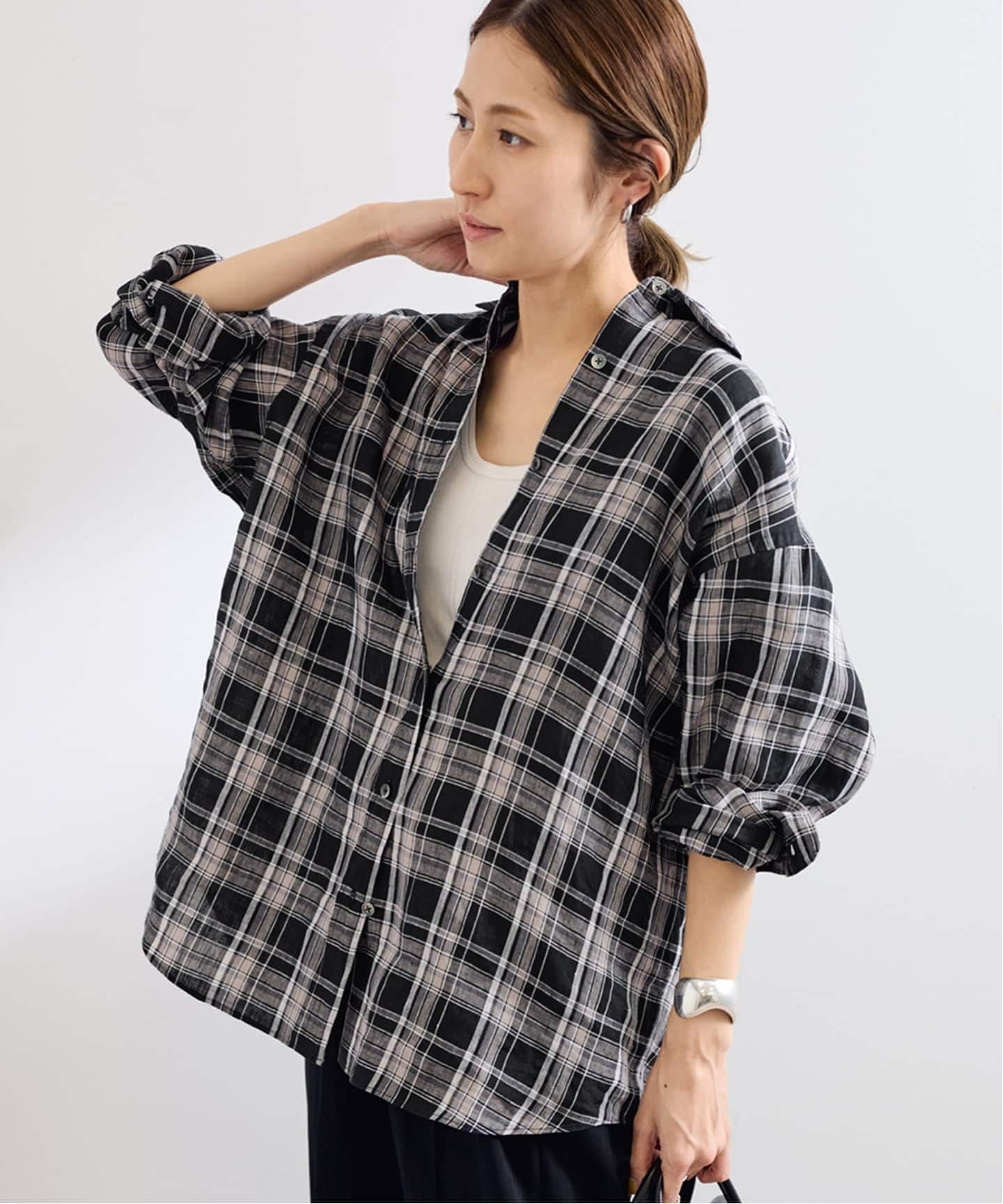 【美品】FRAMeWORK　ライトフレンチリネンストライプ&チェックシャツ ≪一部カラーWEB限定 / 追加≫ライトフレンチリネンストライプ