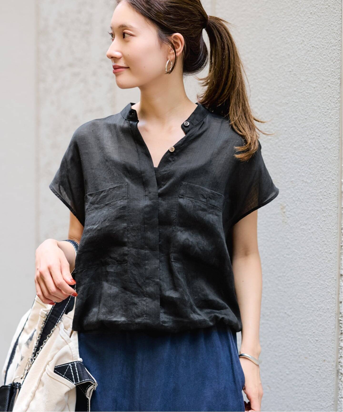 FRAMeWORK ラミーキャップスリーブドロストシャツ ブラック ≪WEB限定＋一部店舗≫フィブリルラミーキャップスリーブドロスト