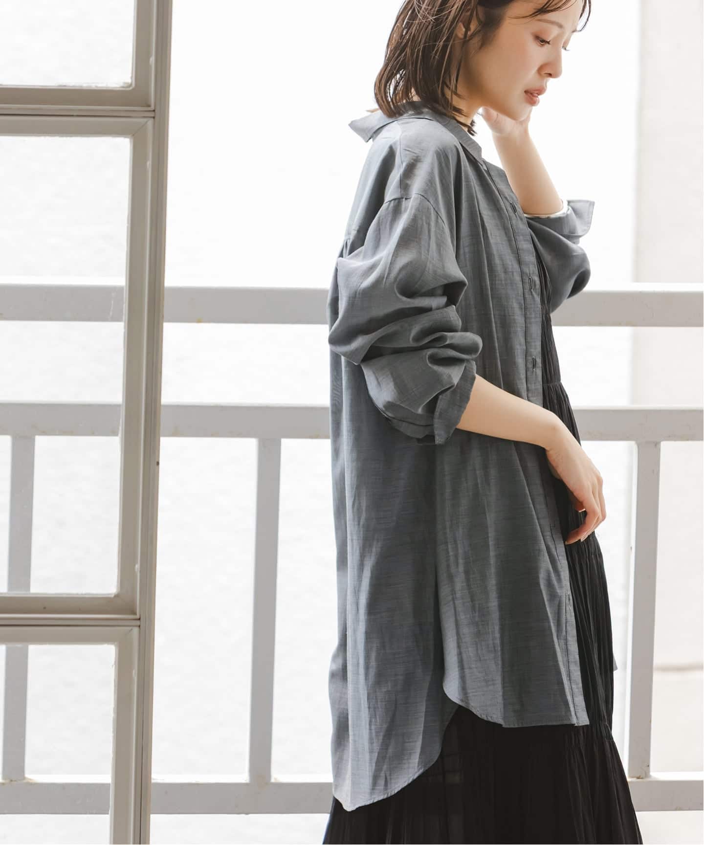 ルフィル　シルキーブロードロングシャツ　グレー 予約》シルキーコットンナローロングシャツ（シャツ／ブラウス