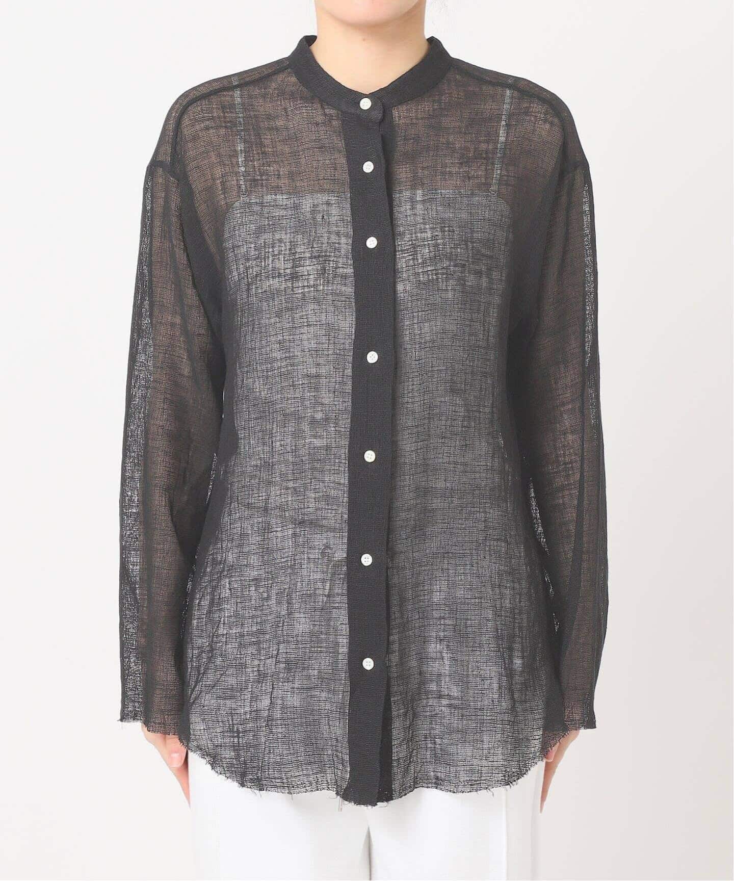 新品未使用 CALMER LINENメッシュバンドカラーシャツ ブラック LINEN MESH SHIRT/リネンメッシュシャツ（シャツ／ブラウス）｜CALMER