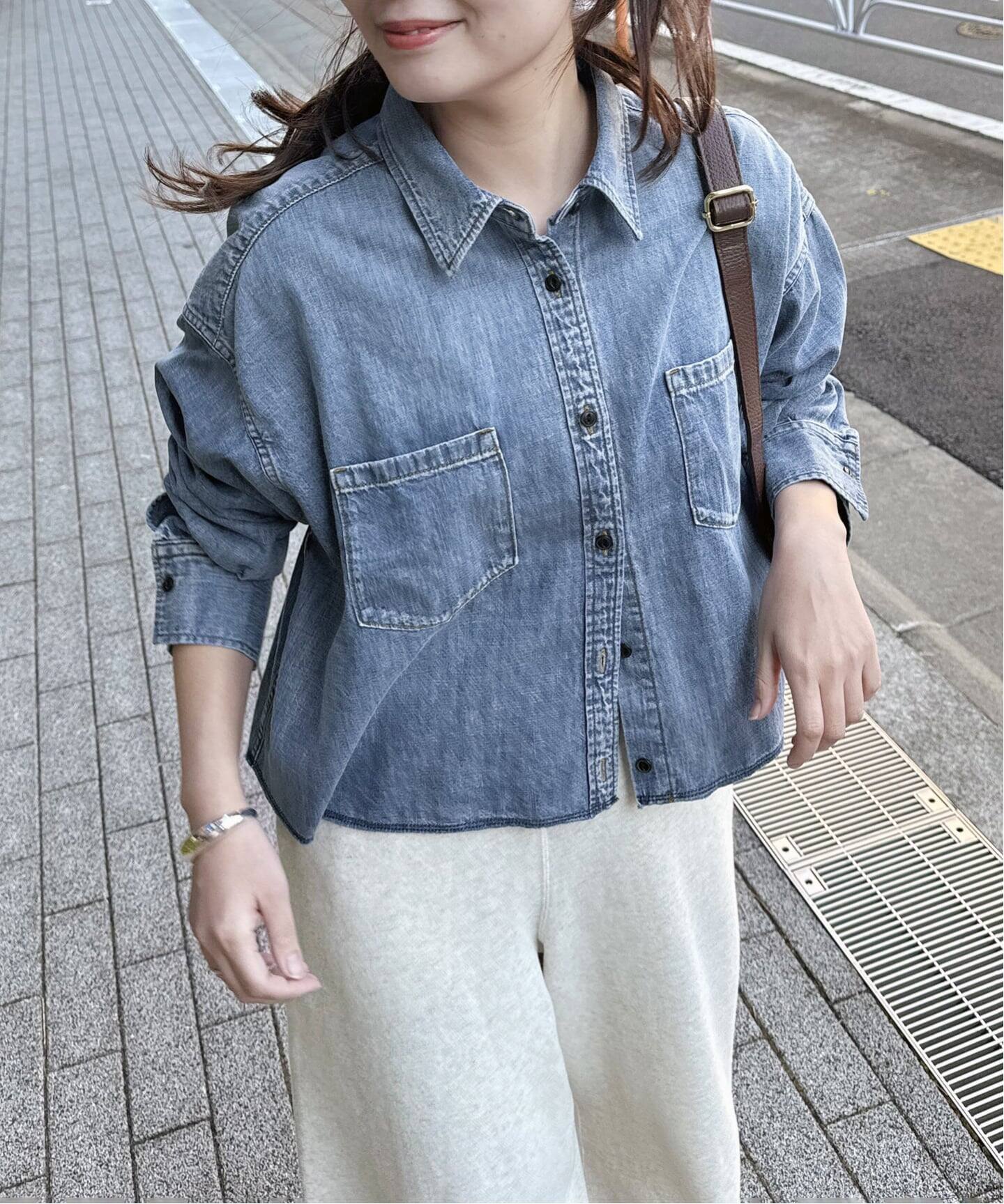 追加》ライトオンスデニムクロップドシャツ（シャツ／ブラウス