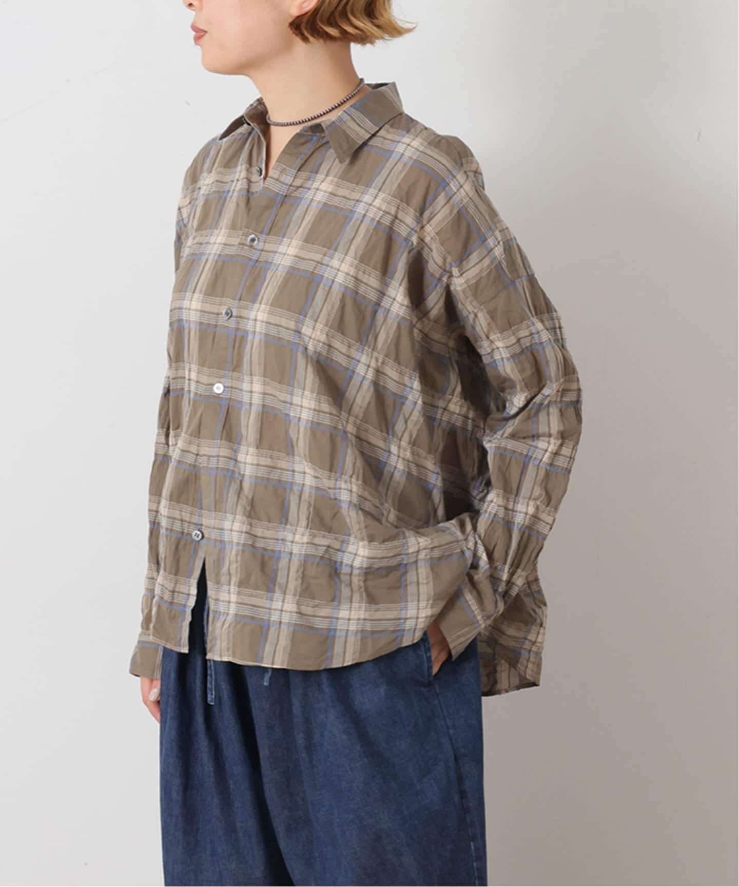 journal standard luxe シャーリング　スタンドカラーシャツ シャーリングチェック レギュラーカラーBigシャツ（シャツ／ブラウス