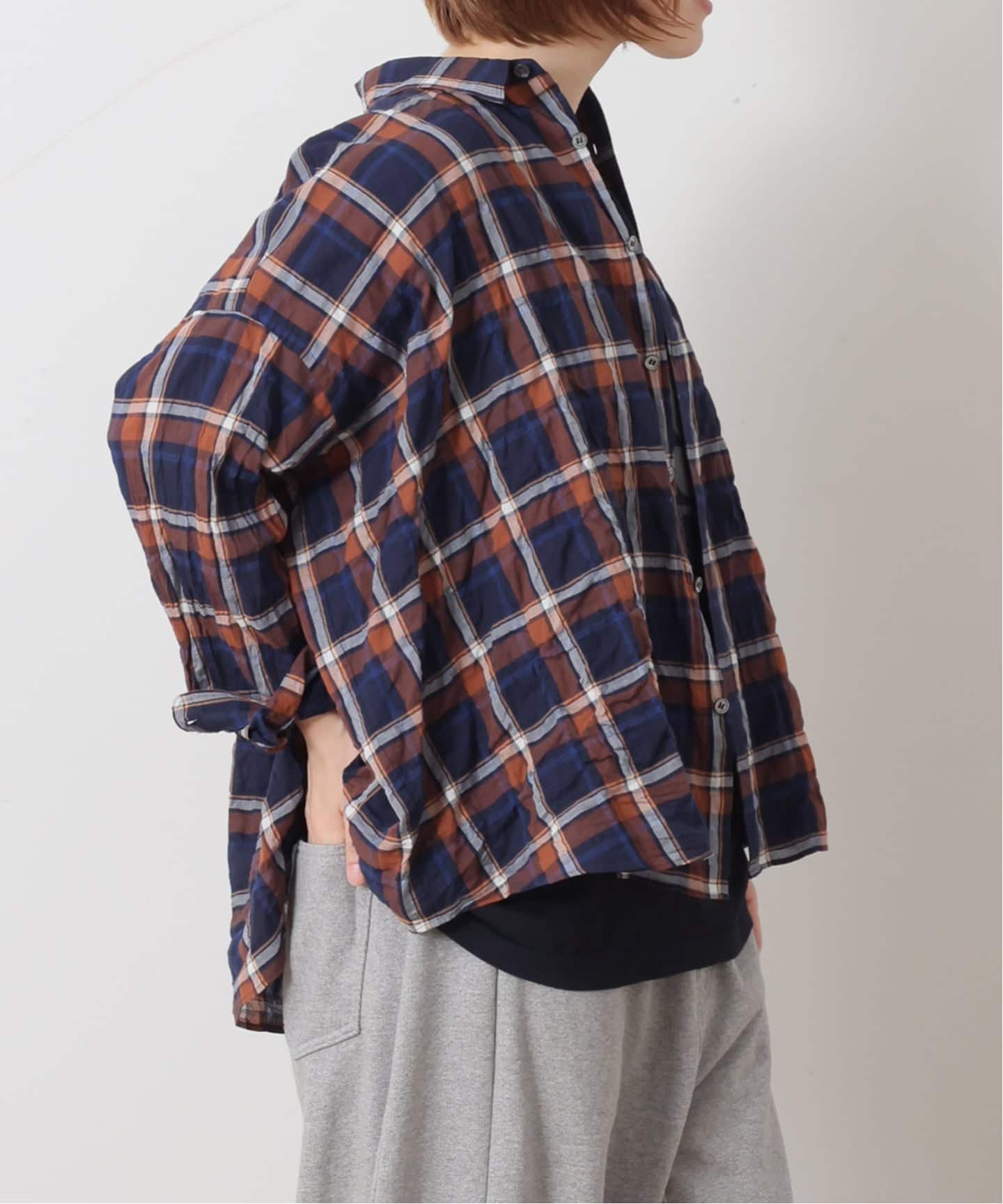 journal standard luxe シャーリング　スタンドカラーシャツ シャーリングチェック レギュラーカラーBigシャツ（シャツ／ブラウス