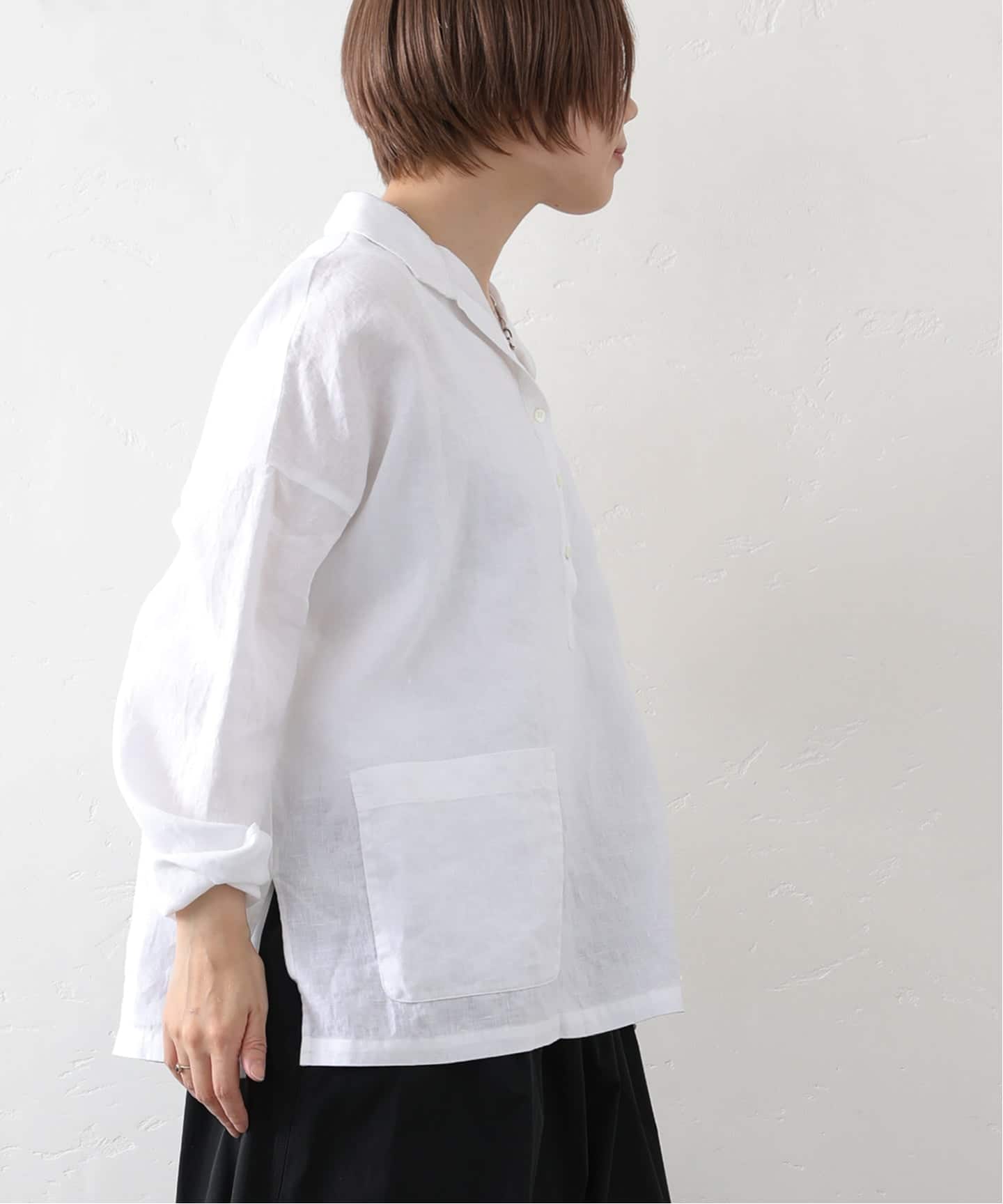 追加》リネンワッシャー スキッパーシャツ（シャツ／ブラウス