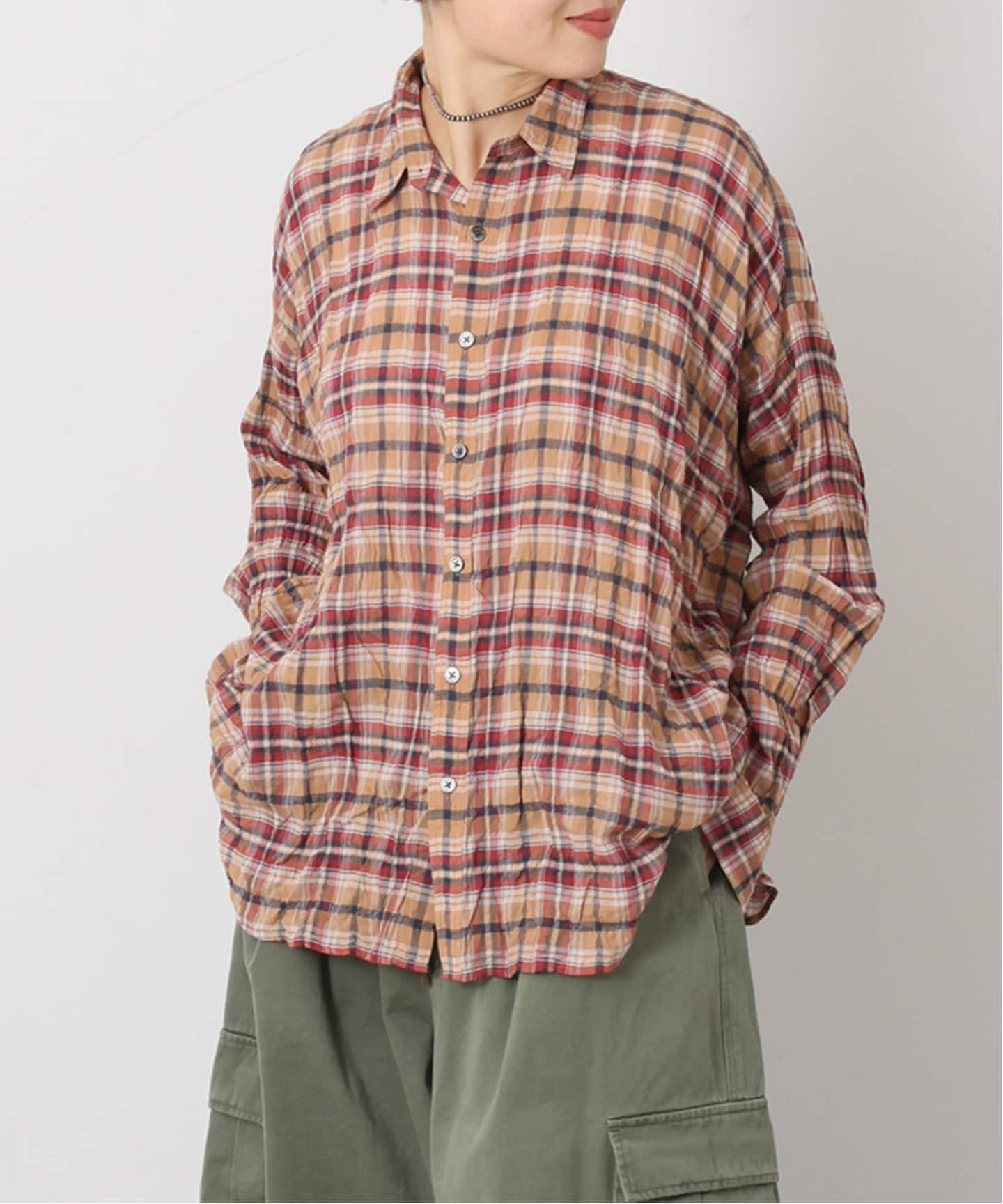 journal standard luxe シャーリング　スタンドカラーシャツ 予約》シャーリングチェック RC-Big-シャツ（シャツ／ブラウス