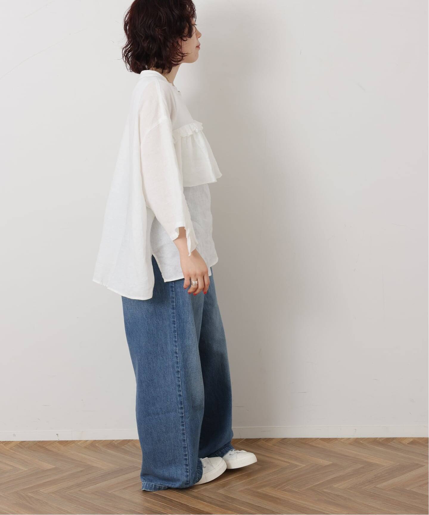 予約》フレンチリネンキャンバス フリルプルブラウス（シャツ