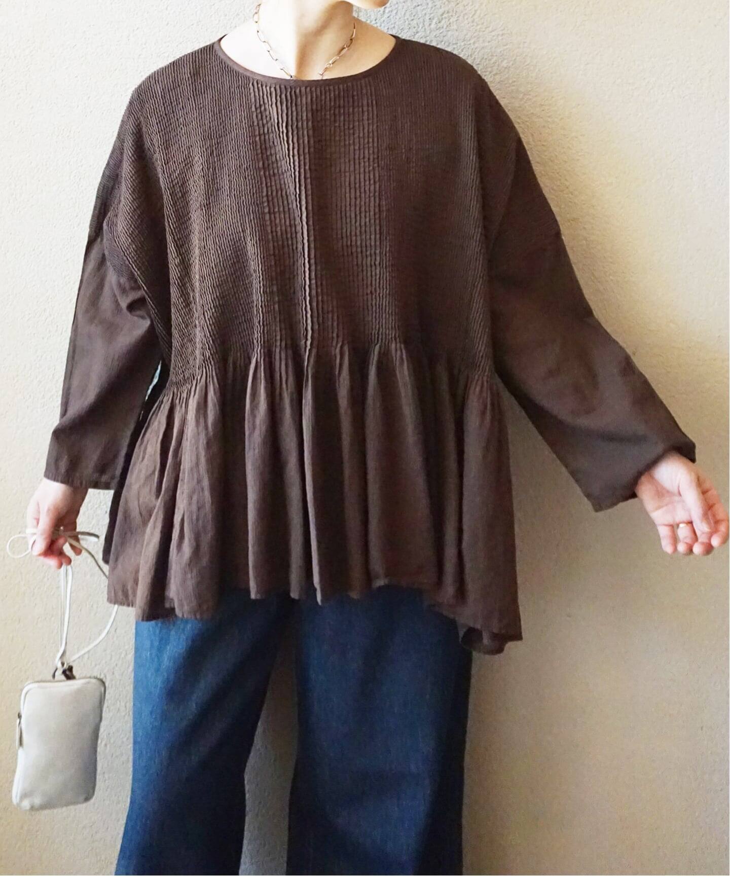maison de soil 濃茶　チュニック maison de soil】 CHECK OVERDYE MINI PINTUCK PULLOV（シャツ