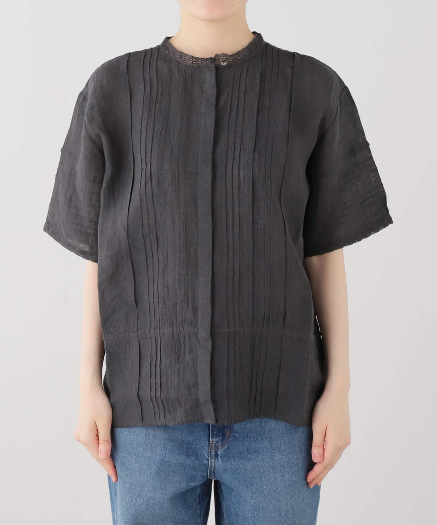 maison de soil ピンタック　ブラウスリネントップスチャコールグレー maison de soil】 LINEN LACE PINTUCK 2WAY SHIRT（シャツ／ブラウス