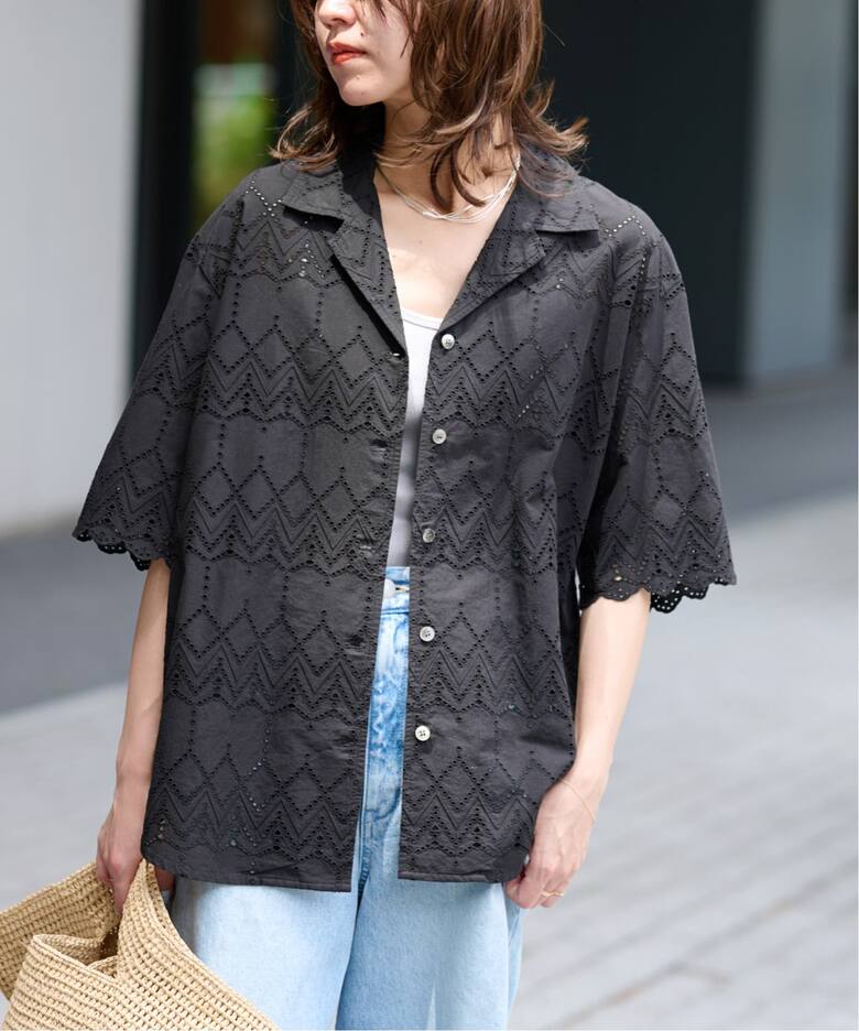 一部WEB限定追加》コットンカットワーク刺繍開襟シャツ（シャツ 