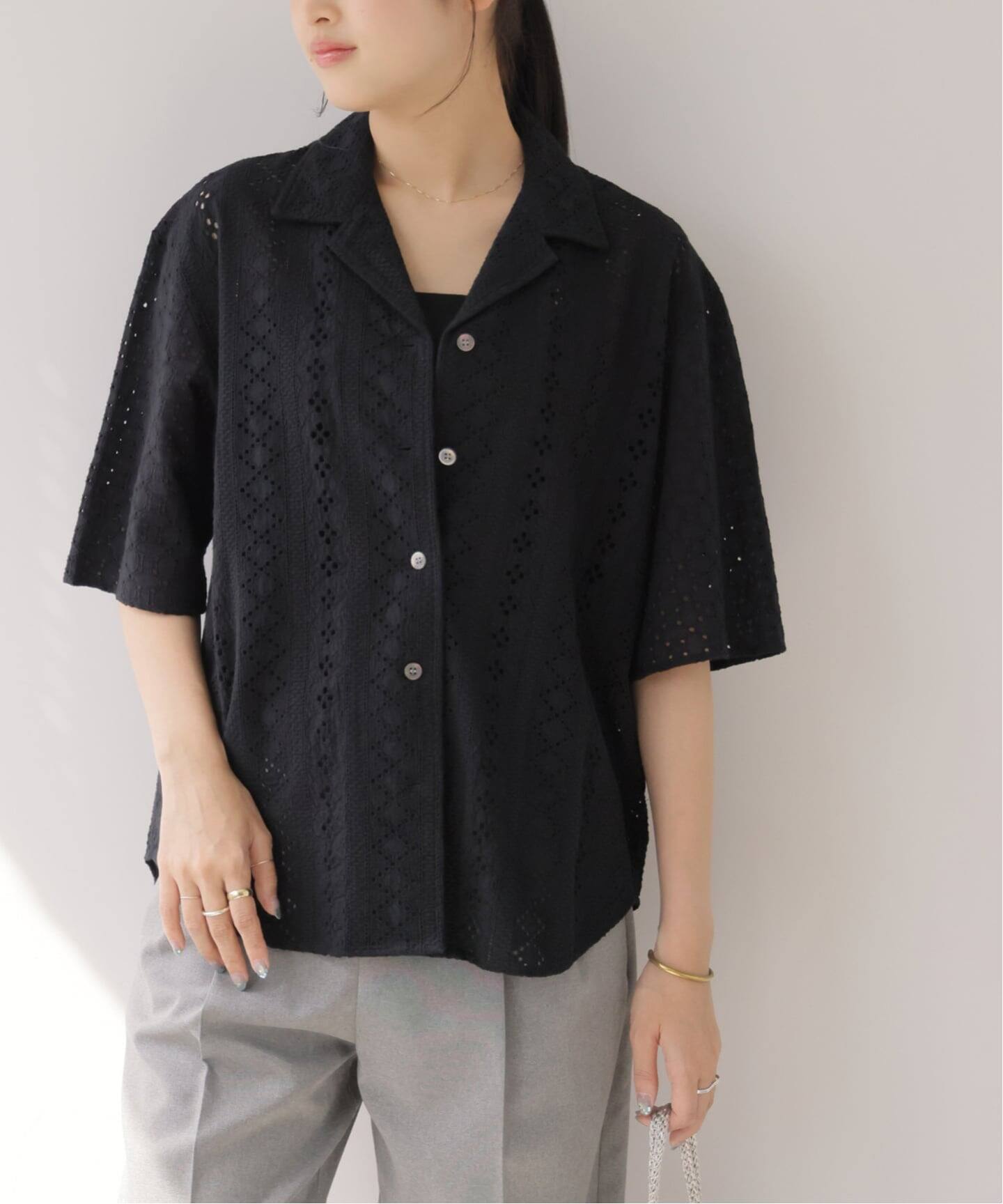 一部WEB限定追加》コットンカットワーク刺繍開襟シャツ（シャツ