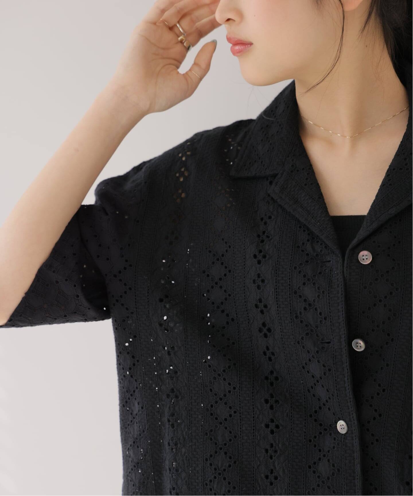 一部WEB限定追加》コットンカットワーク刺繍開襟シャツ（シャツ 