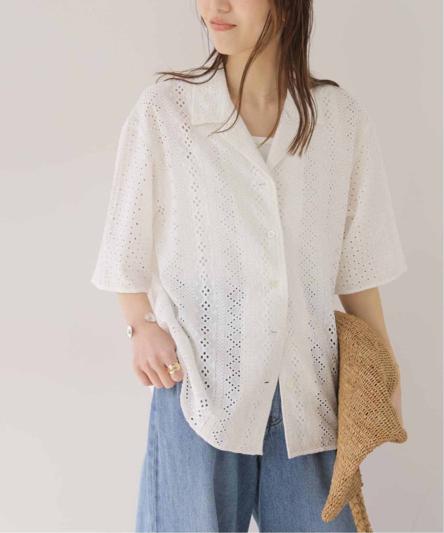 一部WEB限定追加》コットンカットワーク刺繍開襟シャツ（シャツ