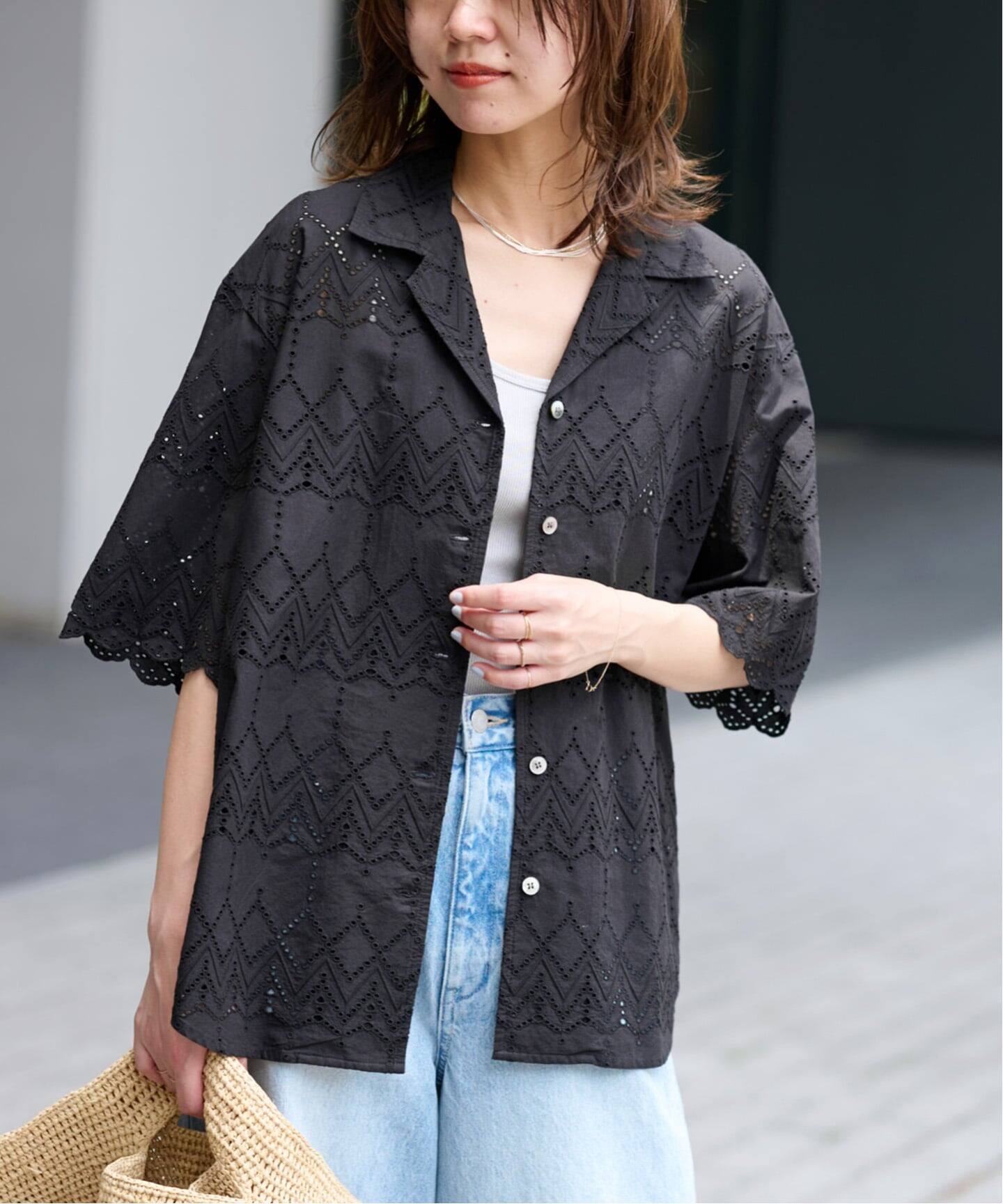 一部WEB限定追加》コットンカットワーク刺繍開襟シャツ（シャツ 