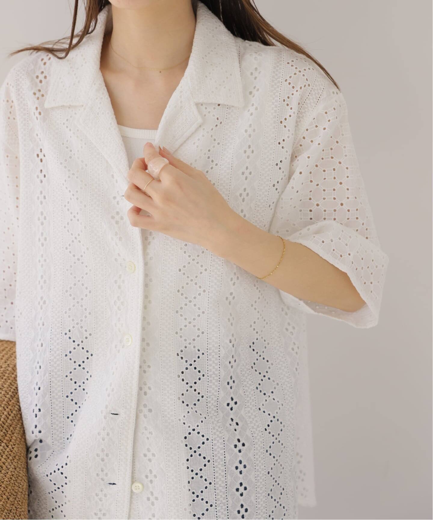 一部WEB限定追加》コットンカットワーク刺繍開襟シャツ（シャツ 