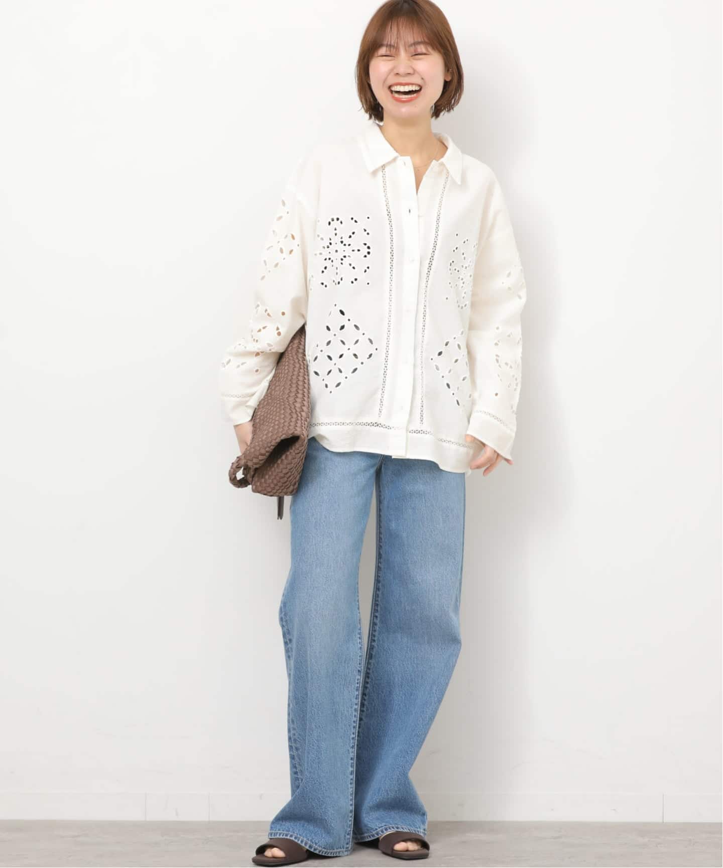 【45R】カットワークコットン刺繍ブラウス 白 開襟 エンブロイダリー カットワークエンブロイダリーシャツ（シャツ／ブラウス）｜JOURNAL