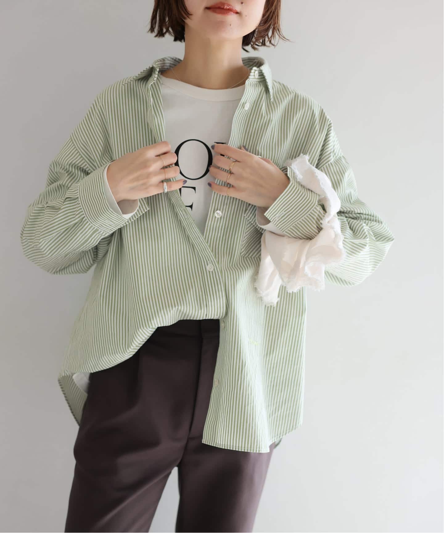 美品✨Drawer ストライプ オープンカラーシャツ グリーン×ホワイト 36 ONE DAYロゴストライプシャツ（シャツ／ブラウス）｜JOURNAL STANDARD