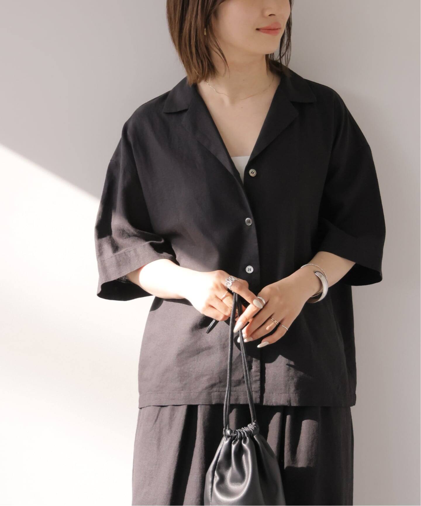 新品タグ付◇ BLACK かぐれ リネンラミーオープンカラーシャツ 新品 