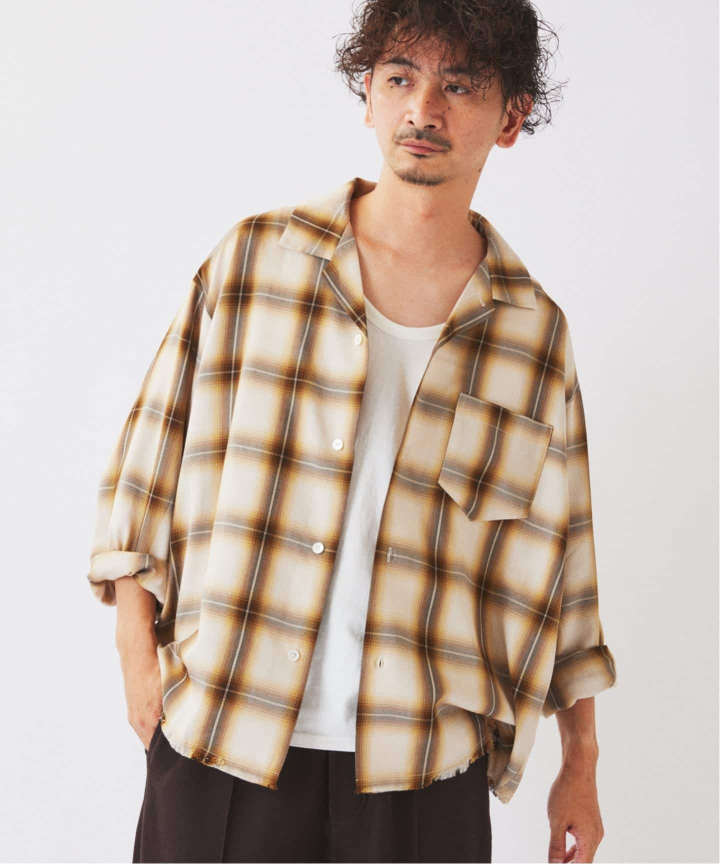 予約》レーヨン アンカット フリンジ オンブレ チェックシャツ（シャツ