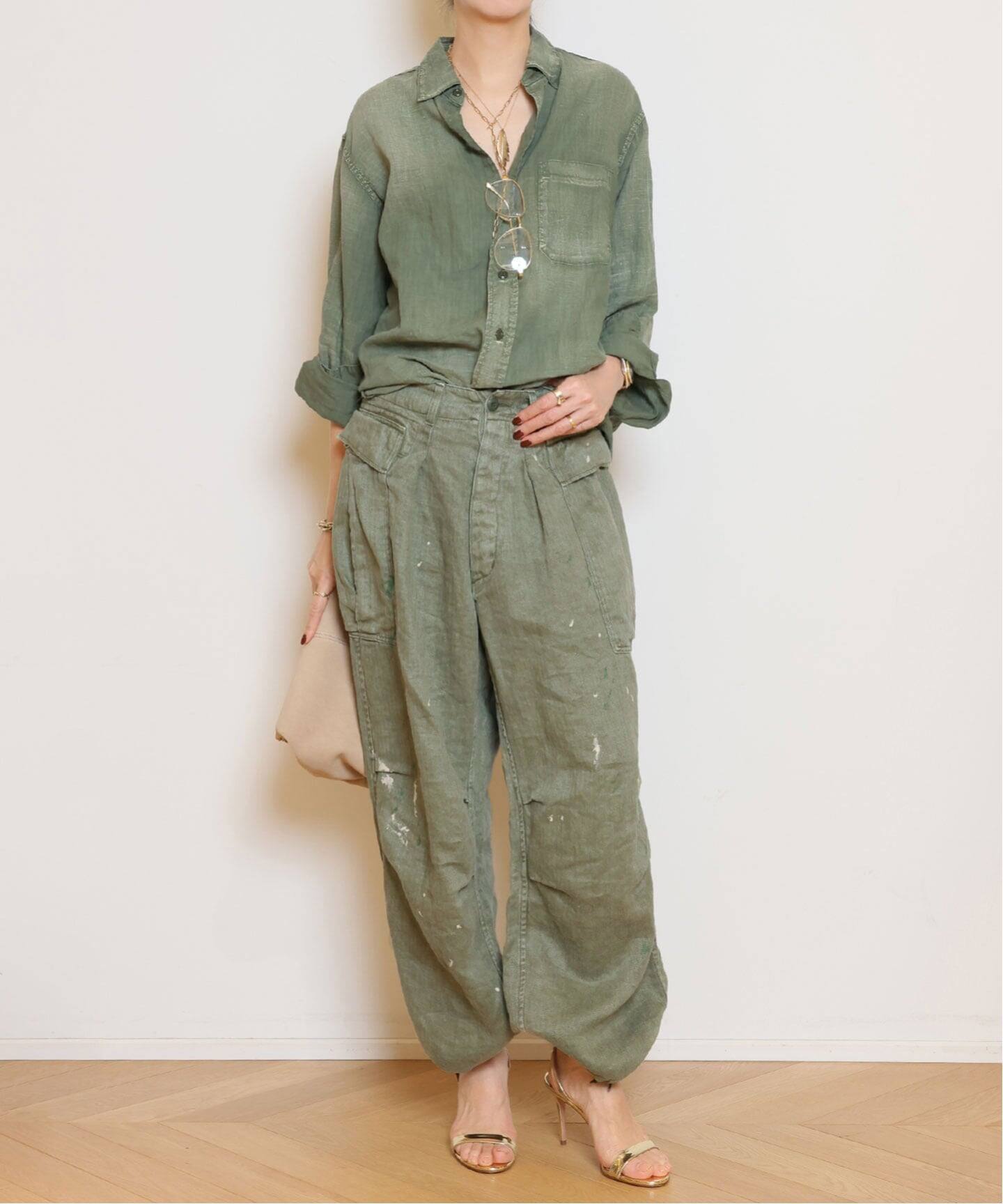 24SS　ヘリル　HERILL　リネン　バンドカラーシャツ　麻100%　ベージュ HERILL/ヘリル】U.S.N Linen シャツ（シャツ／ブラウス）｜MUSE de