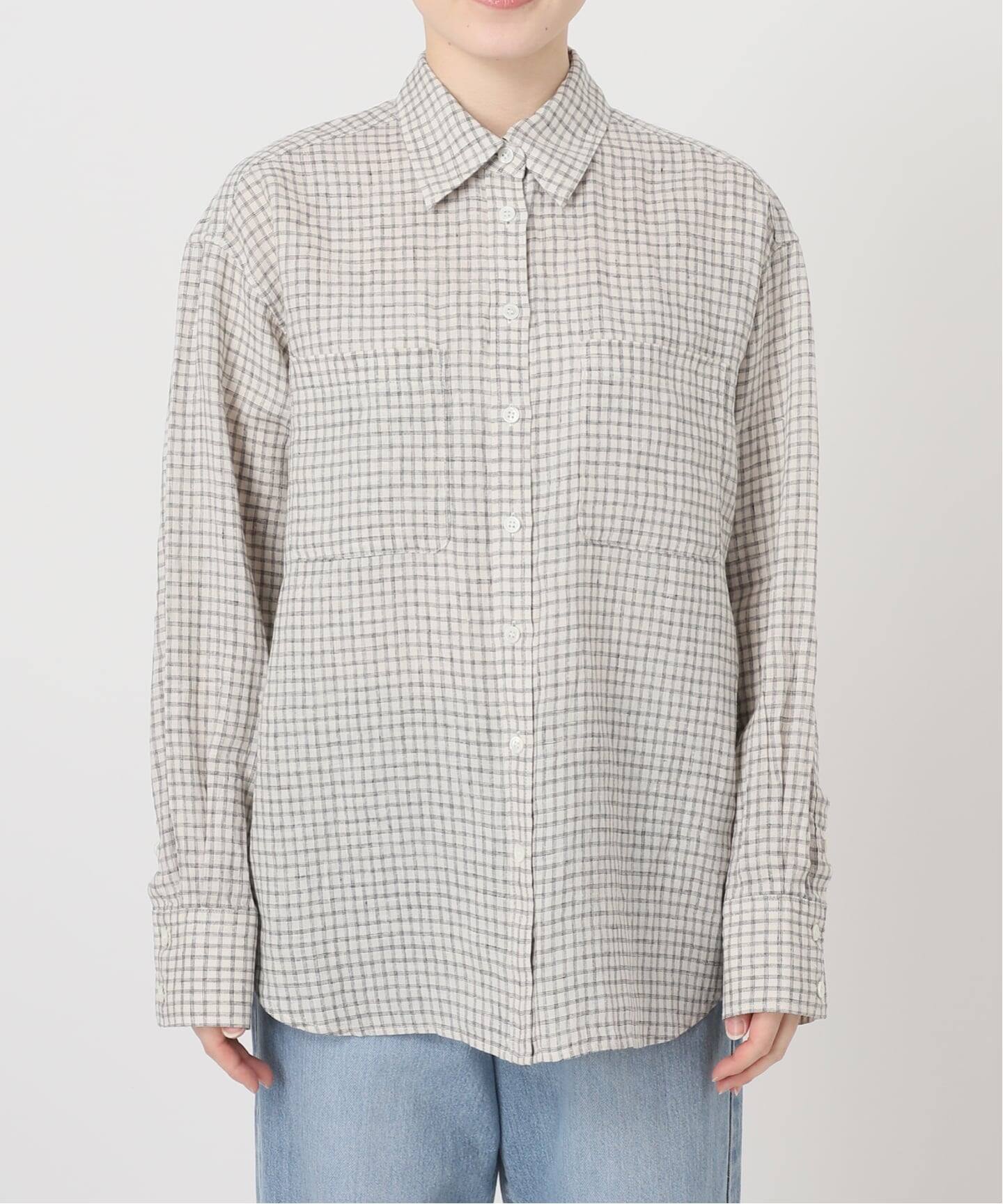 新品 IENA フレンチリネンチェックレギュラーカラーシャツ セットアップ対応》フレンチリネンチェックレギュラーカラーシャツ