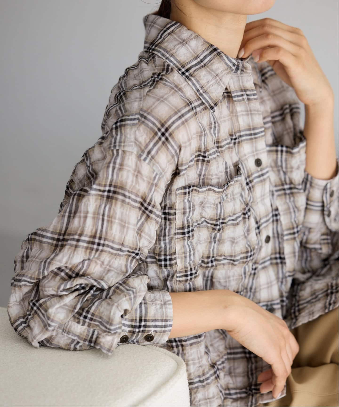 シャーリングチェックショートシャツ人気！完売‼️ 追加予約》シャーリングチェックショートシャツ（シャツ／ブラウス