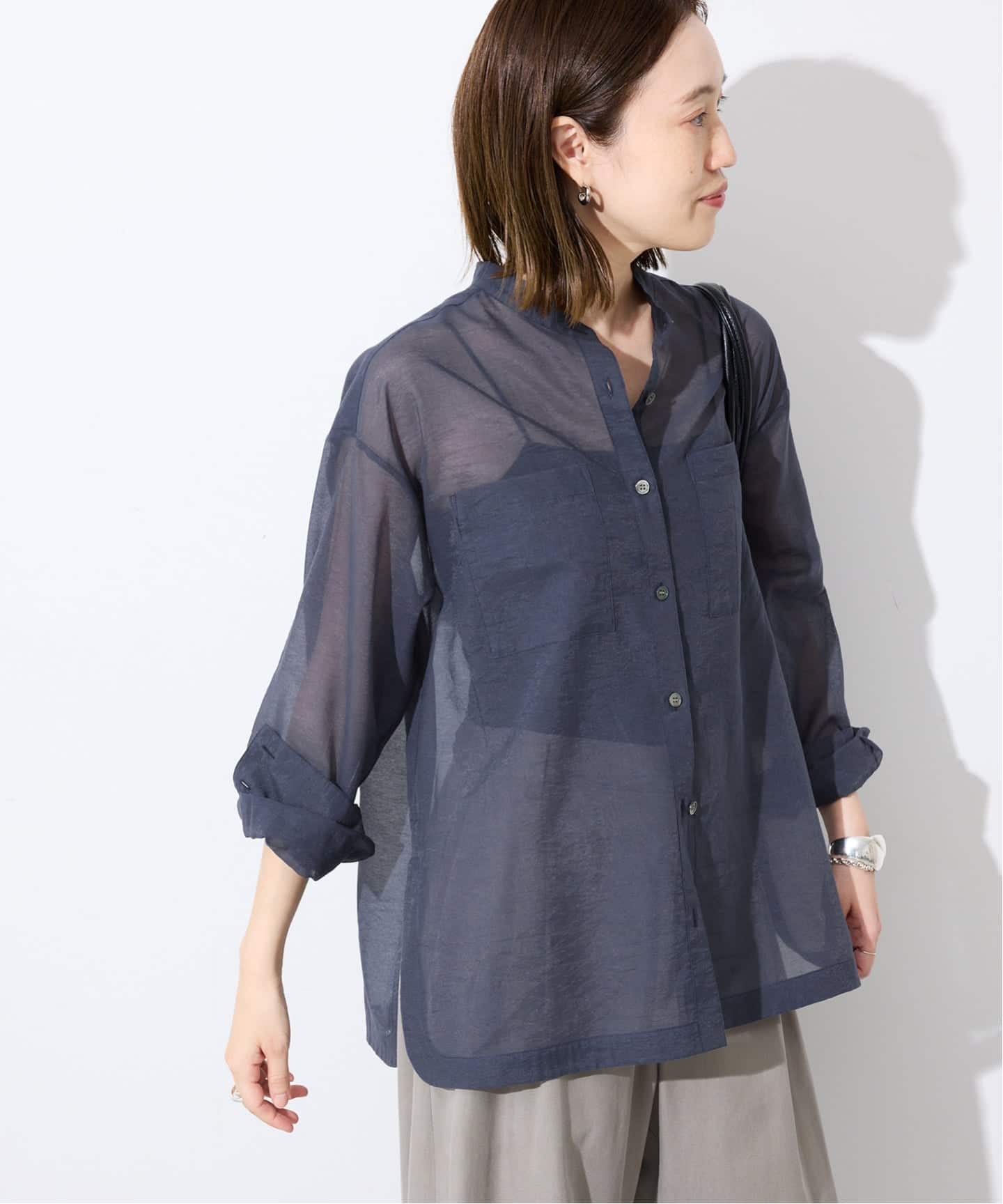 IENA　バンドカラーシャツ◆ネイビー リヨセルストライプバンドカラーシャツ（シャツ／ブラウス）｜IENA