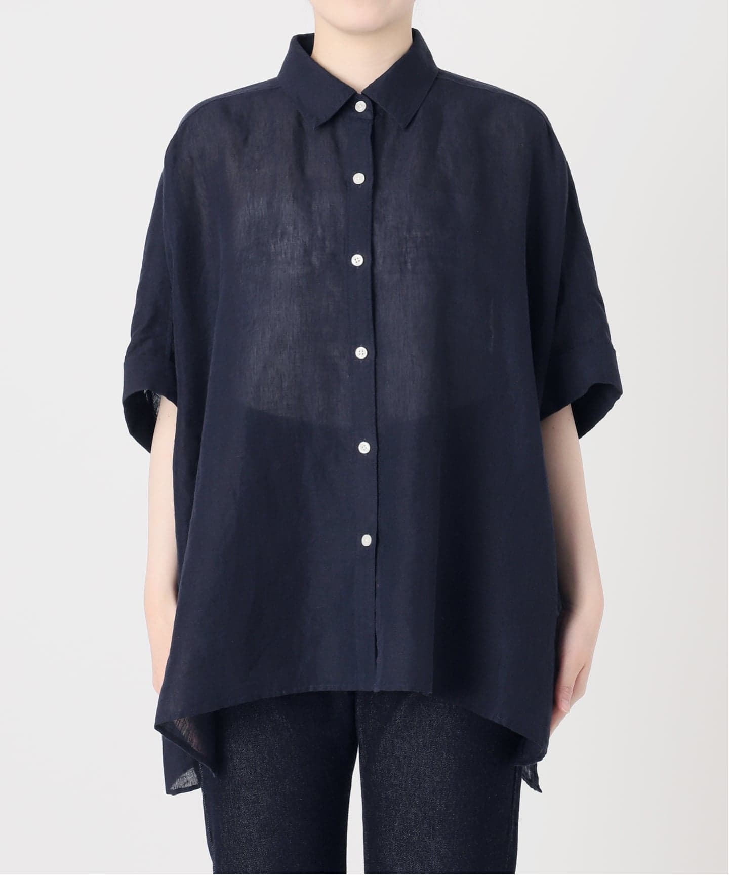 2026⭐︎SLOBE IENA リネンコットンBOXシャツ ネイビー麻綿完売品 追加/シリーズあり》リネンコットンBOXシャツ（シャツ／ブラウス