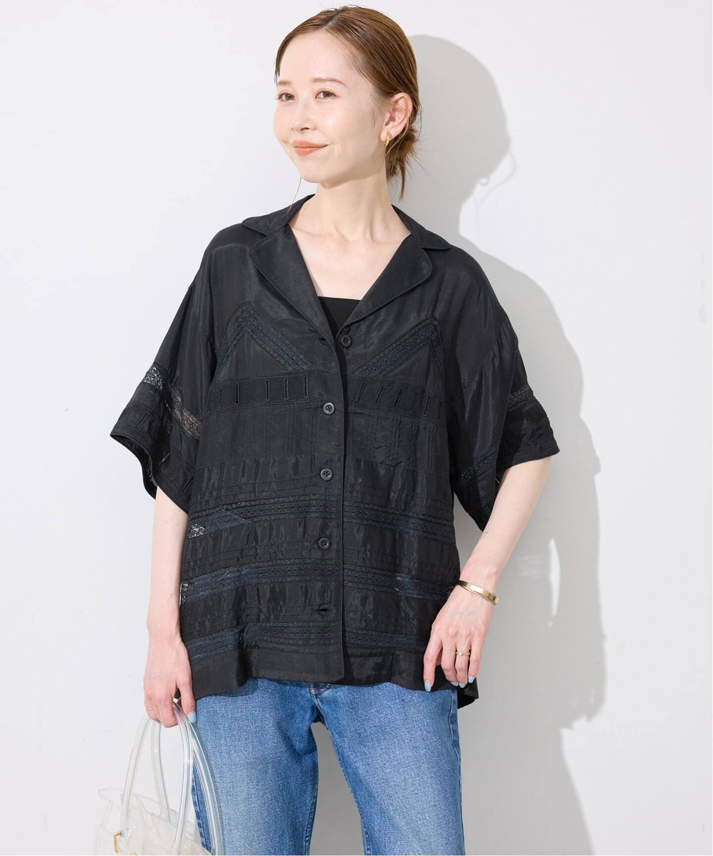 crinkle crinkle crinkle SLOBE別注 tuck lace open collar シャツ