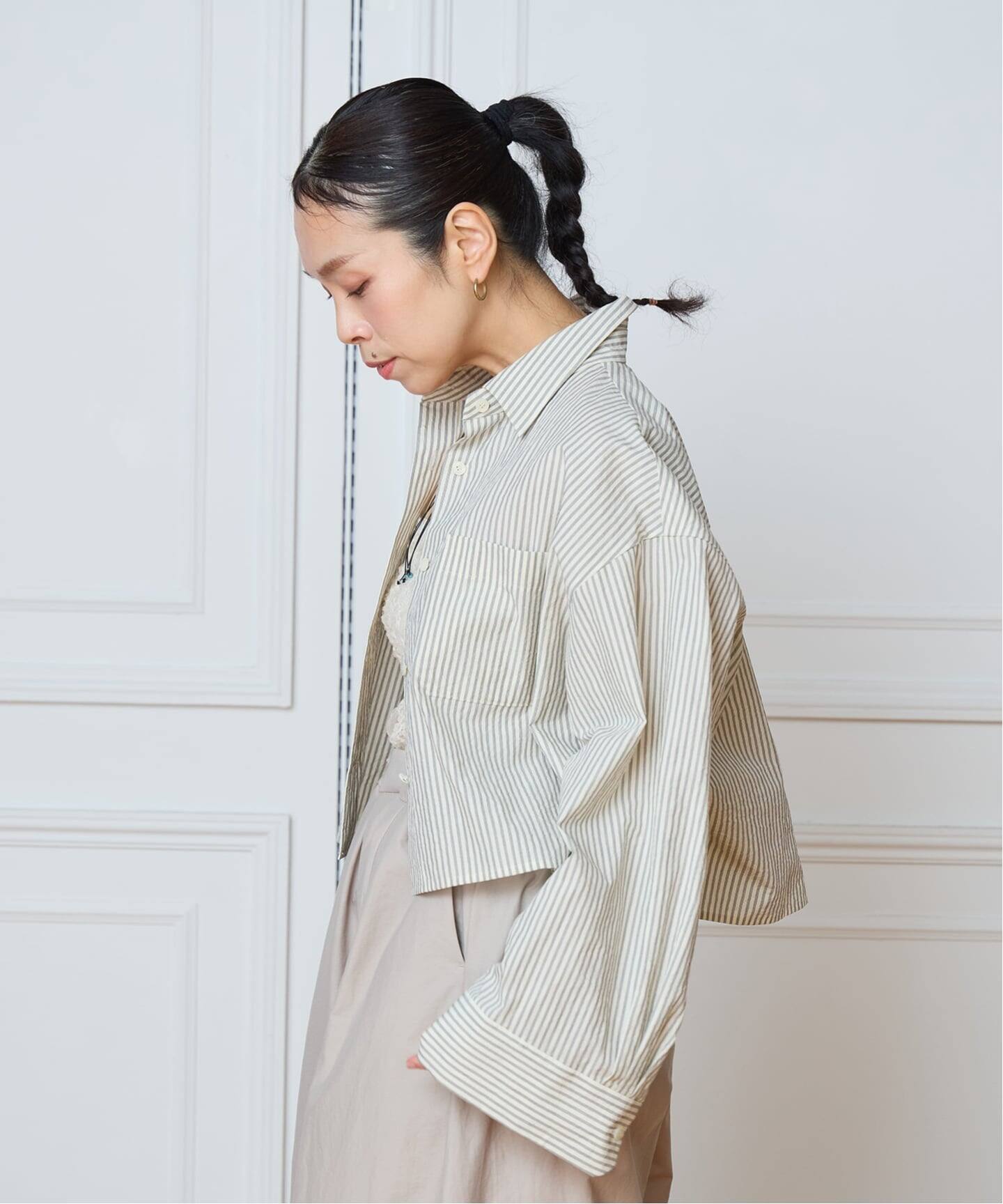IENA LA BOUCLE ストライプコットンショートシャツ（シャツ／ブラウス