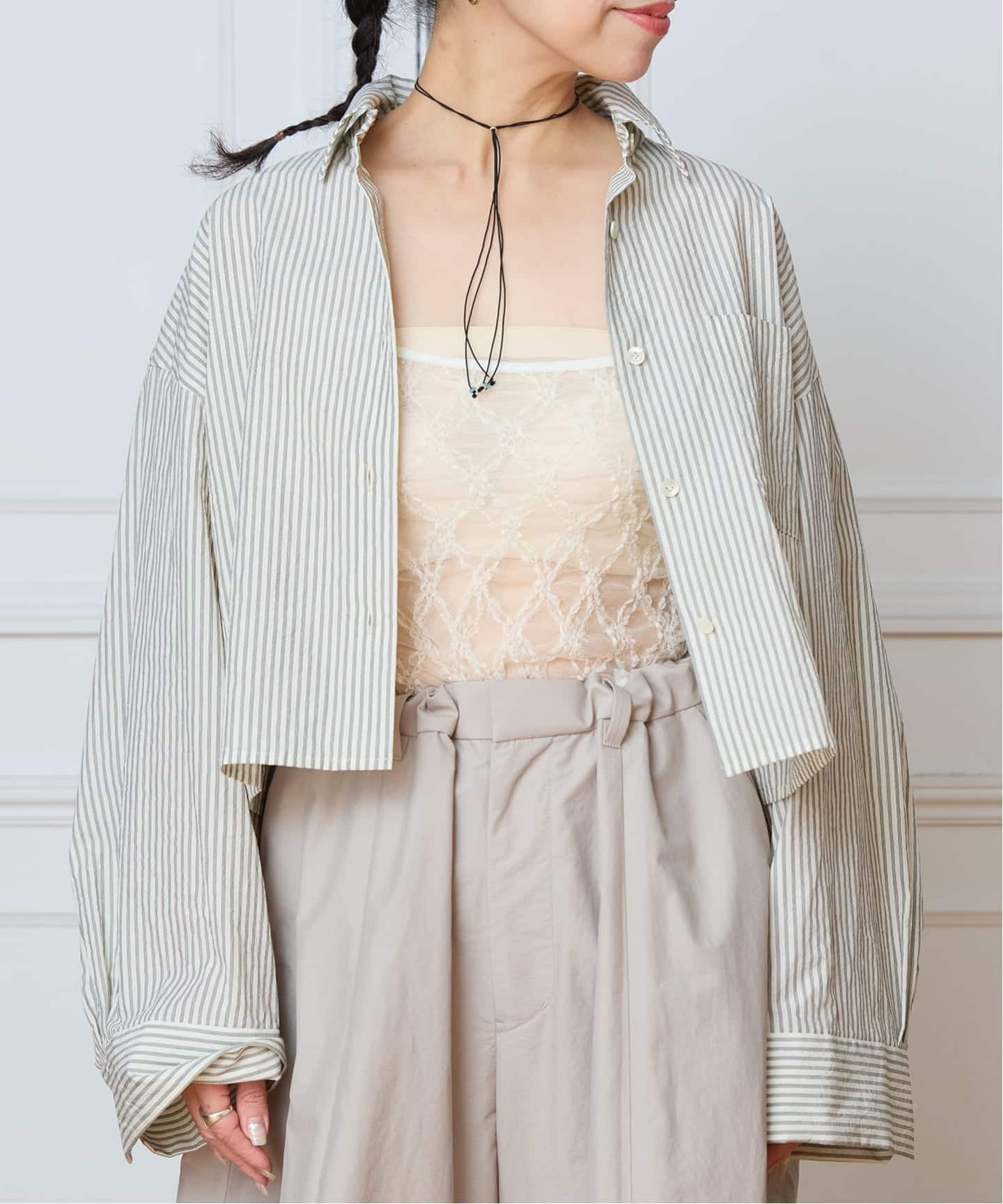 IENA LA BOUCLE ストライプコットンショートシャツ（シャツ／ブラウス