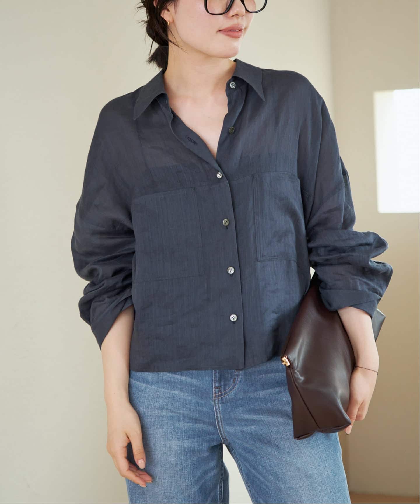 Plage RAMIE LYOCELLCROPPED シャツネイビーサイズフリー 追加》RAMIE LYOCELL CROPPED シャツ（シャツ／ブラウス）｜Plage