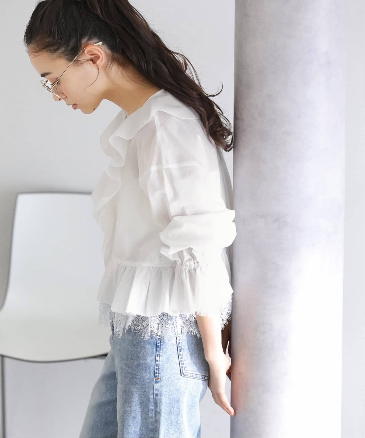 はな　ラ トータリテ タックレースドルマンブラウス ホワイト　IENA 洗える】レースブラウス（シャツ／ブラウス）｜La Totalite（ラ