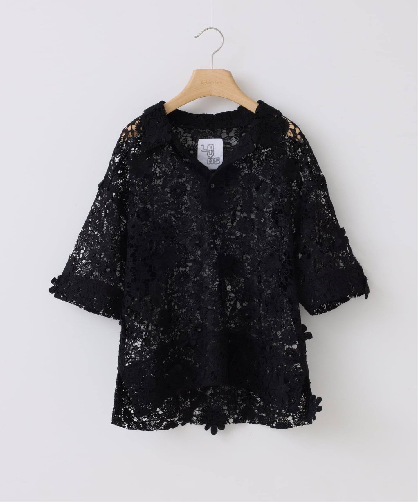 新作 LAYAS 黒 レース 半袖トップス 一部店舗+WEB限定》LAYAS/レイヤーズ レース半袖シャツ（シャツ