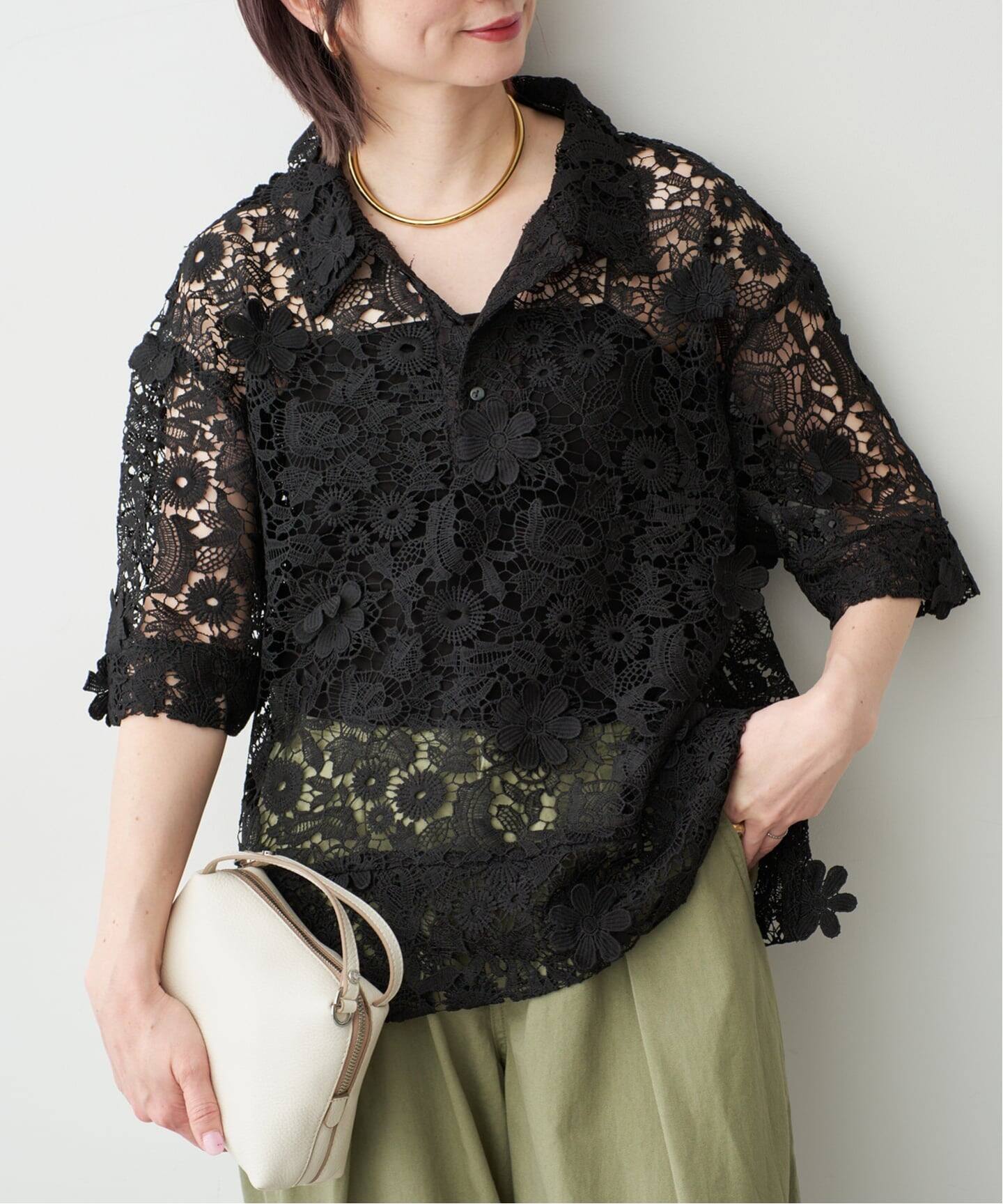 一部店舗+WEB限定》LAYAS/レイヤーズ レース半袖シャツ（シャツ 