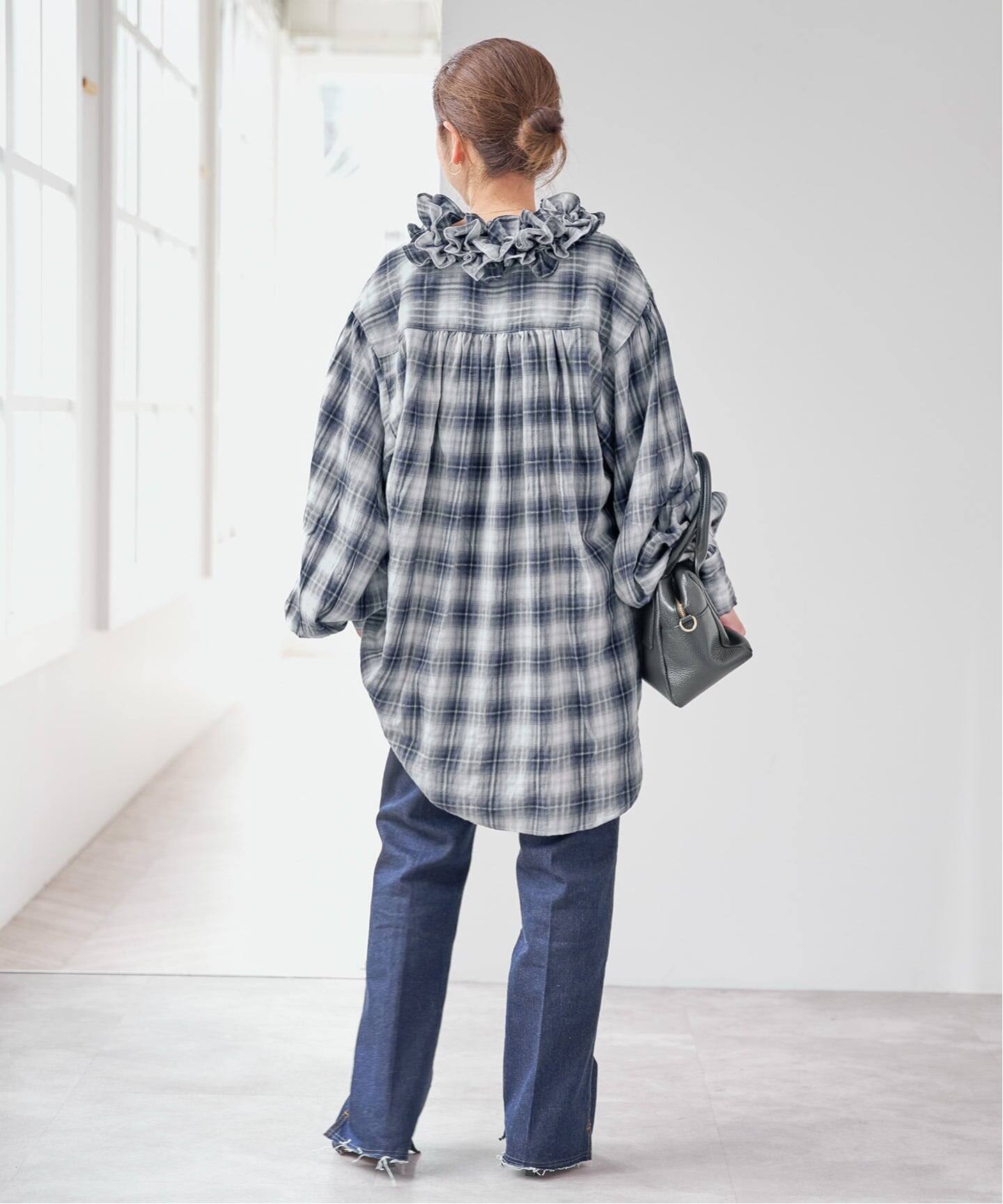 別注 / 予約》crinkle check frill collar shirts*（シャツ／ブラウス