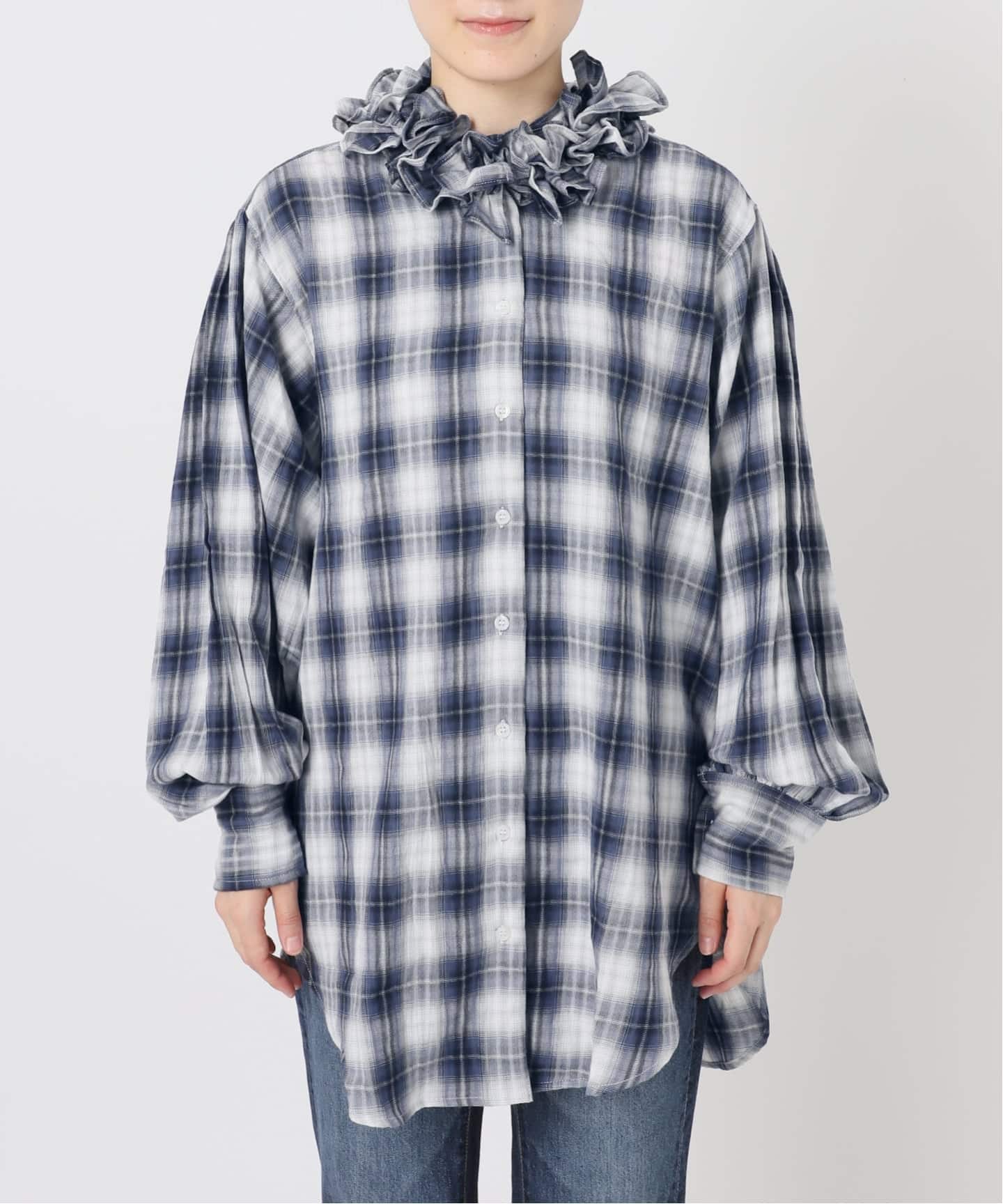 別注》crinkle check frill collar shirts*（シャツ／ブラウス